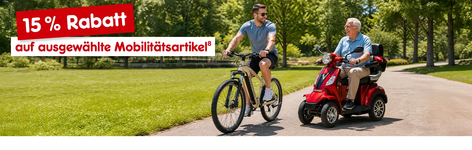 15 Prozent Gutschein auf ausgewählte Mobilitätsartikel. Mit Hoch 8, die auf einen Rechtstext verweist.