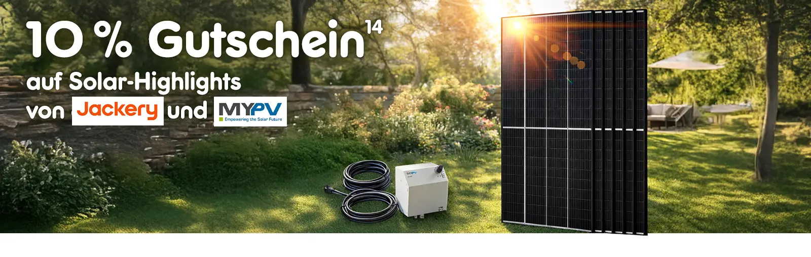 10 Prozent Gutschein auf Solar-Hoghlights von Jackery und MYPV. Mit Hoch 14, die auf einen Rechtstext verweist.