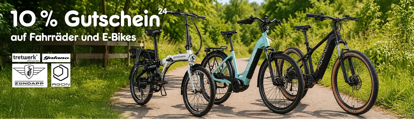 10 Prozent Gutschein auf Fahrräder und E-Bike-Highlights. Mit Hoch 24, die auf einen Rechtstext versweist.