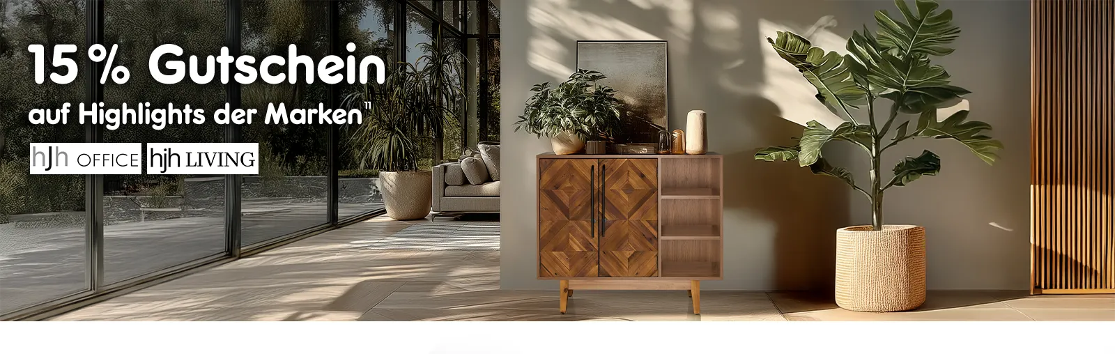 15 Prozent Gutschein auf Highlights der Marken hjh office und hjh living. Mit Hoch 11, die auf einen Rechtstext verweist.