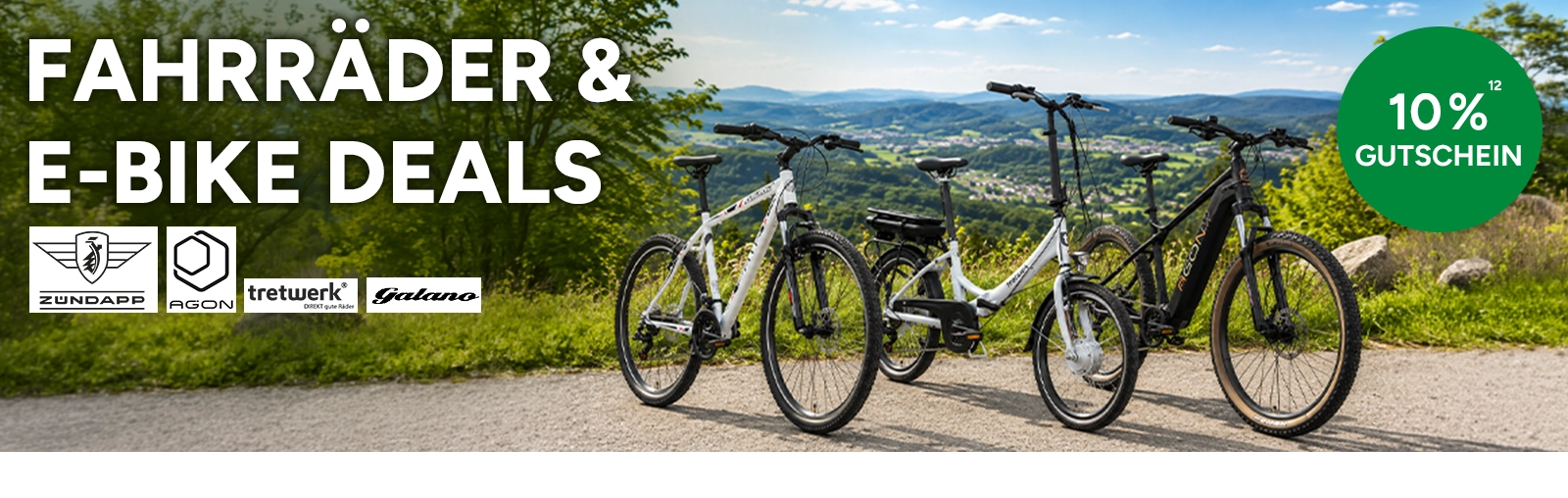 10 Prozent Gutschein auf Fahrräder und E-Bike-Deals. Mit Hoch 12, die auf einen Rechtstext verweist.