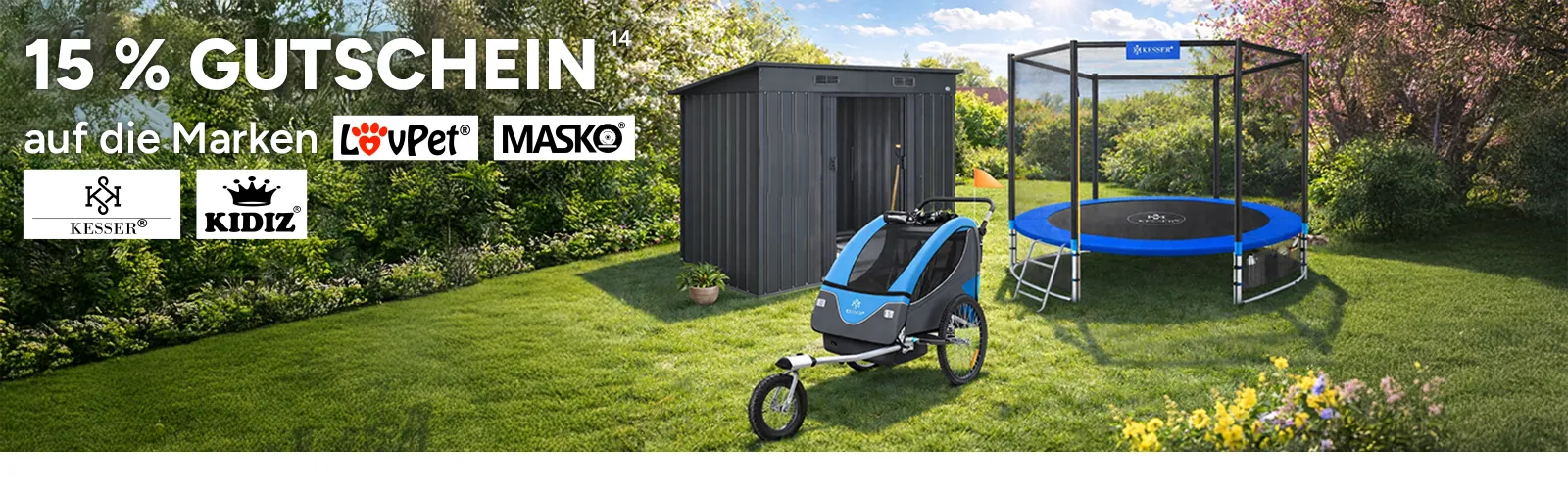 15 Prozent Gutschein auf die Marken LovPet, Masko, Kesser und Kidiz. Mit Hoch 14, die auf einen Rechtstext verweist. 