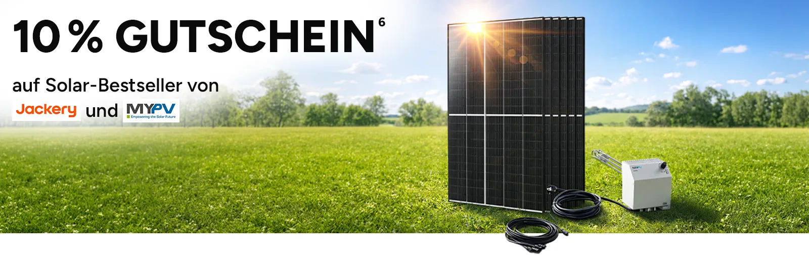 10 Prozent Gutschein auf Solar-Bestseller von Jackery und MYPV. Mit Hoch 6, die auf einen Rechtstext verweist.