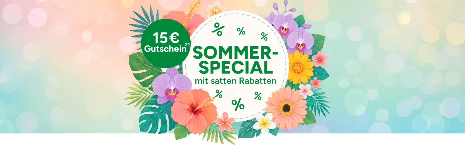 Sommer-Special mit satten Rabatten. 15 Euro Gutschein mit Hoch 21, die auf einen Rechtstext verweist.