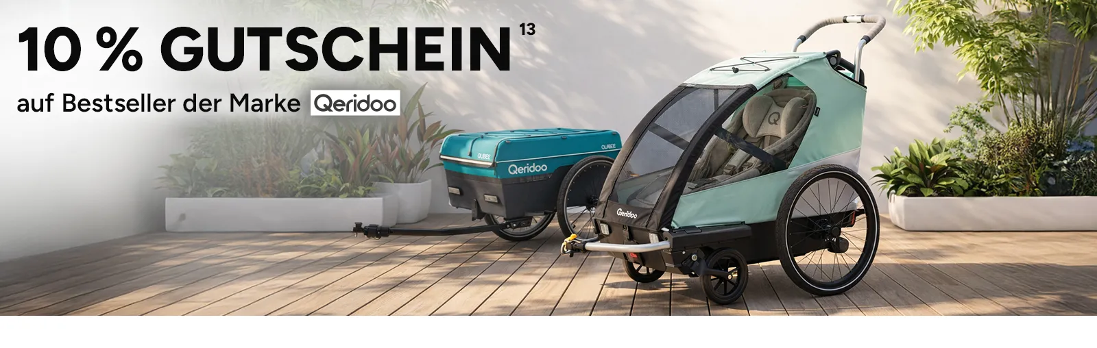10 Prozent Gutschein auf Bestseller der Marke Qeridoo. Mit Hoch 13, die auf einen Rechtstext verweist. 