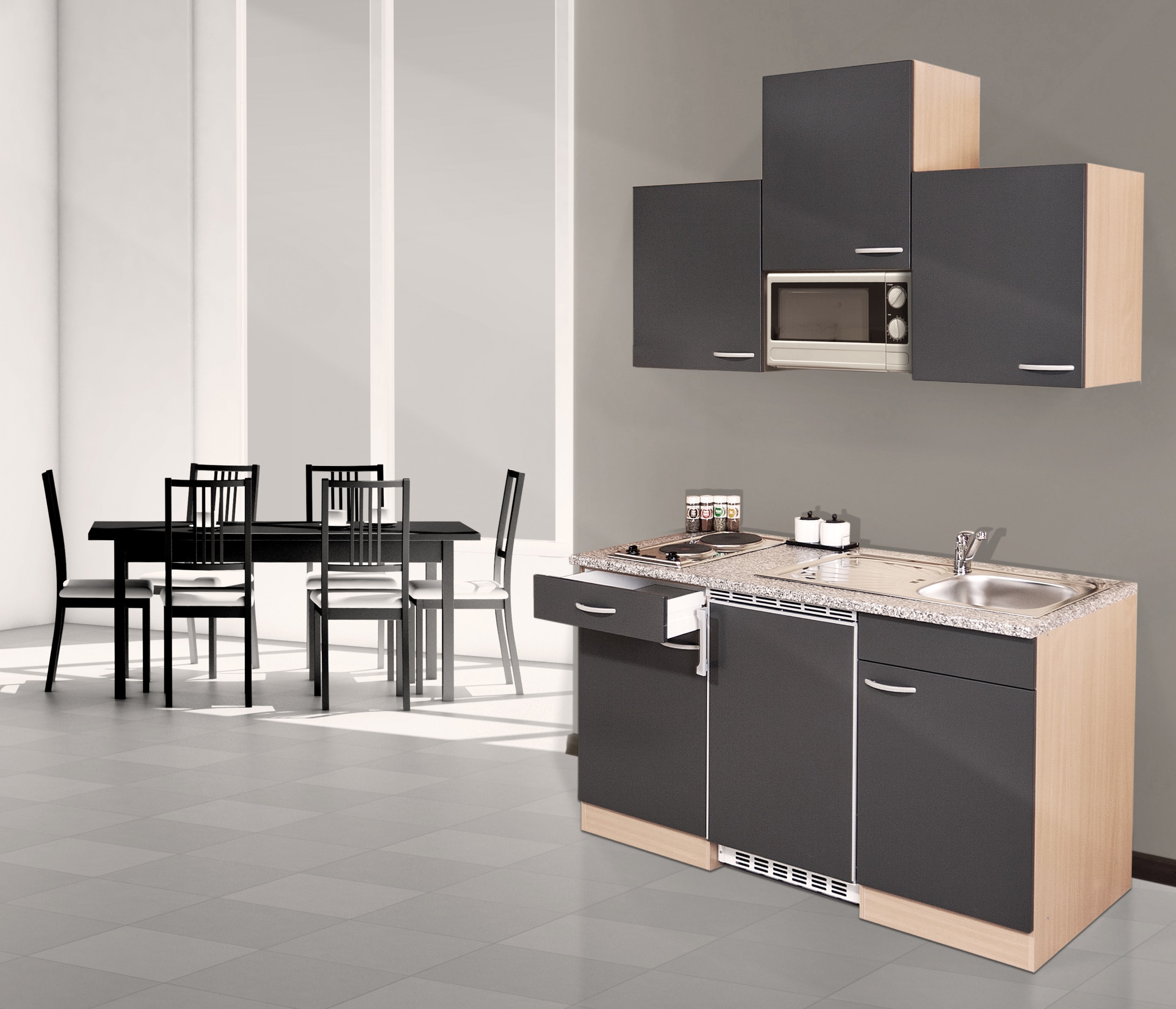 Respekta Küchenzeile KB150BGMI 150 cm Grau-Buche Nachbildung | 04260287642232