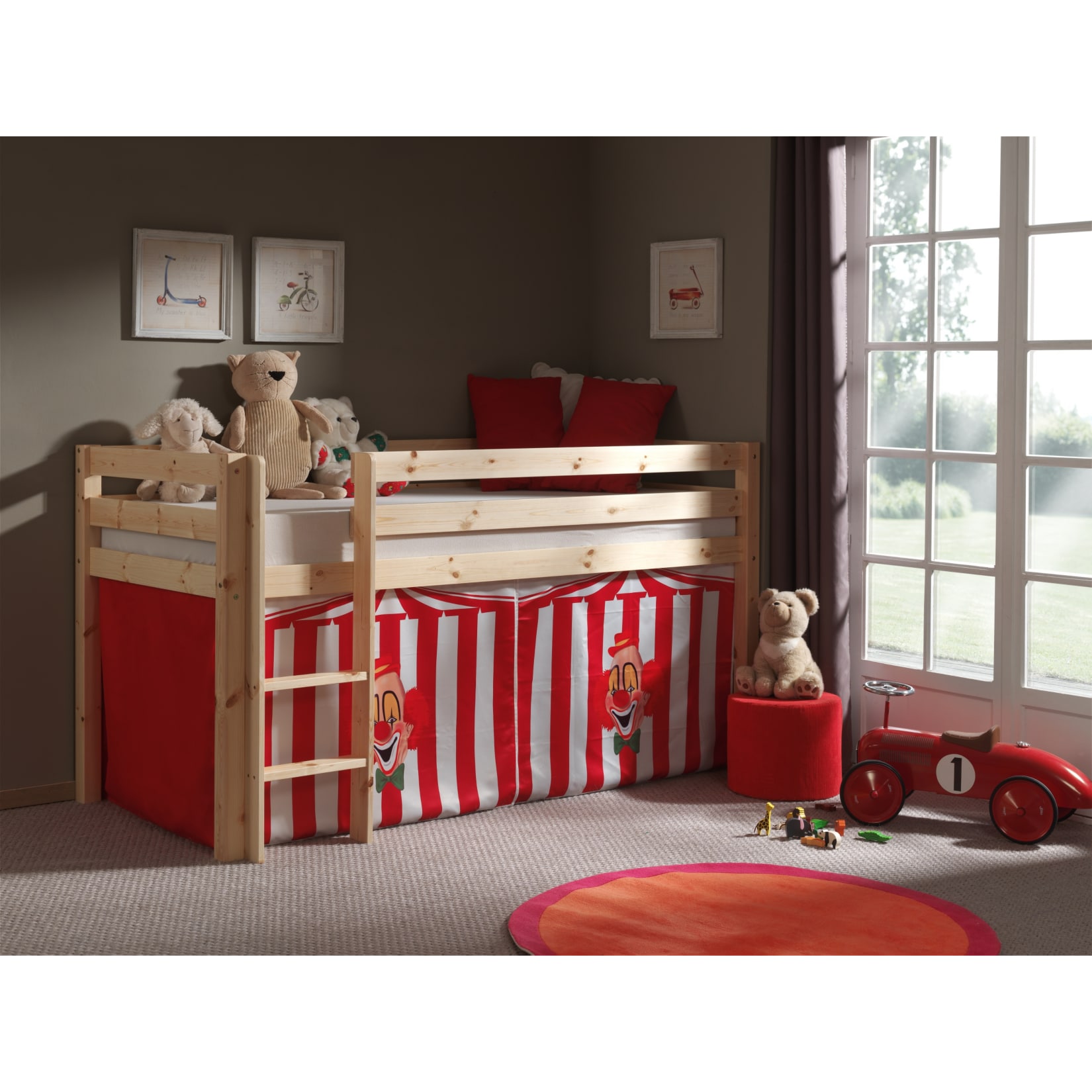 Vipack Spielbett Pino mit Textilset "Zirkus", Kiefer massiv natur lackiert - Bild 1