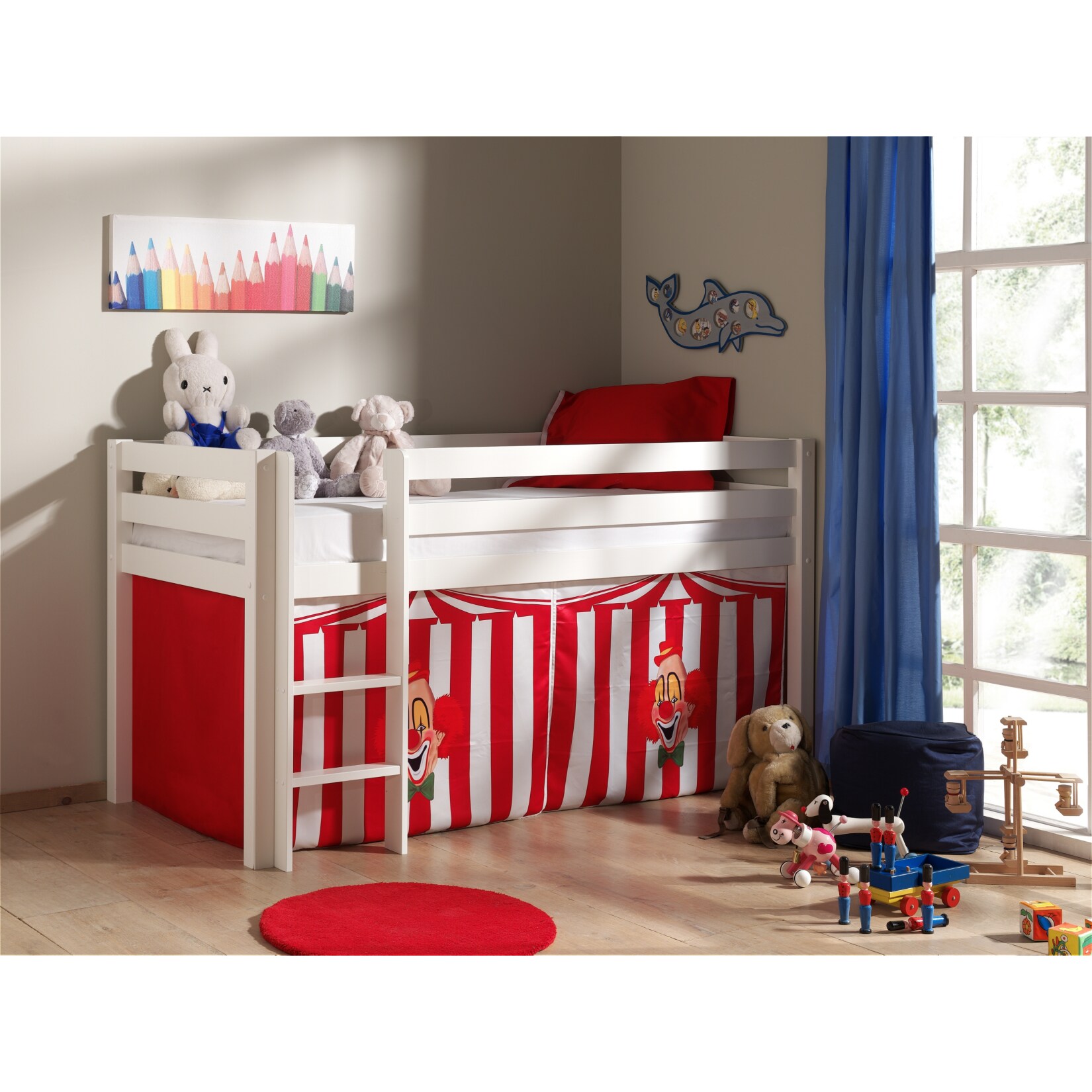 Vipack Spielbett Pino mit Textilset „Zirkus“, Kiefer massiv weiss lackiert | 05420070212373