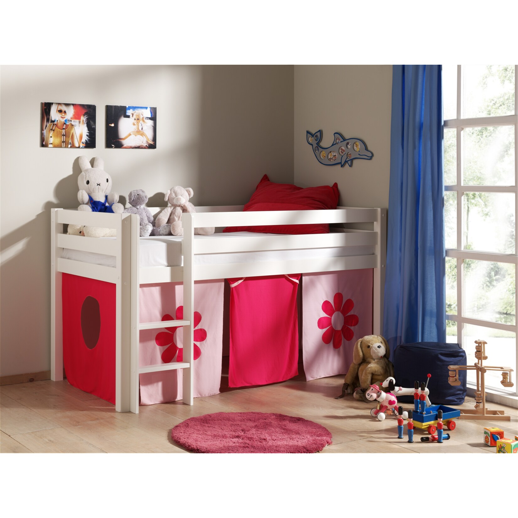 Vipack Spielbett Pino mit Textilset "Pink Flower", Kiefer massiv weiss lackiert - Bild 1