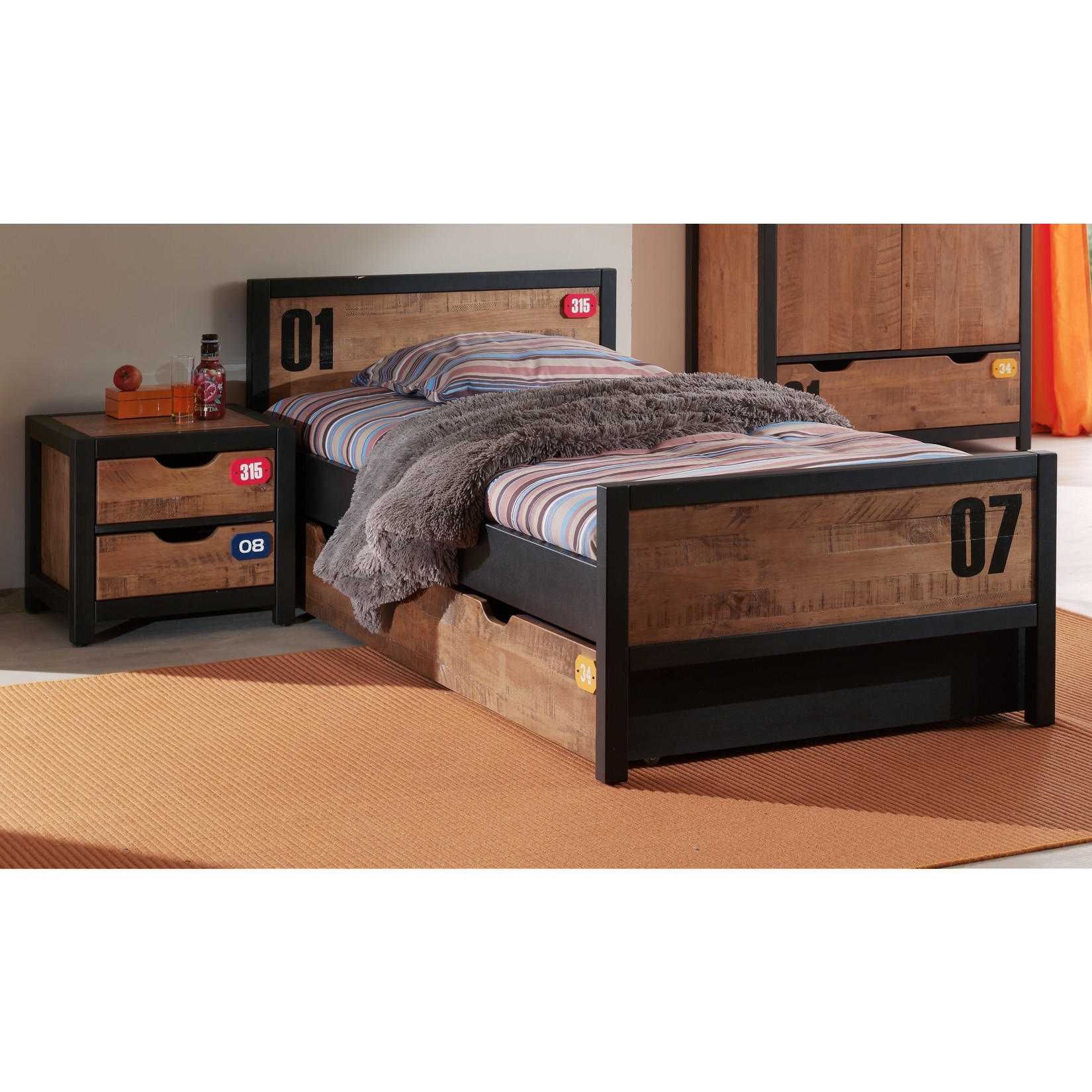 Vipack Set Alex best. aus Nachtkonsole und Einzelbett 90x200 Kiefer geb&uuml;rstet - Bild 1