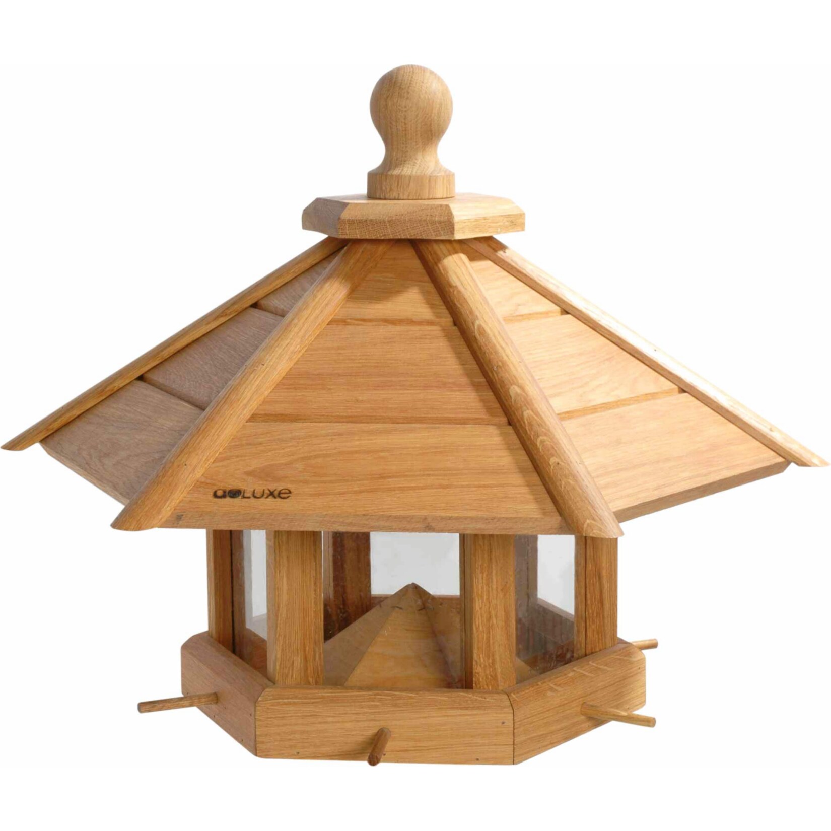 Sehr großes Eiche Vogelhaus „Anflug“, geöltes Eichenholz mit Futtersilo/Anflugstangen 55x62x43 | 04055894461310