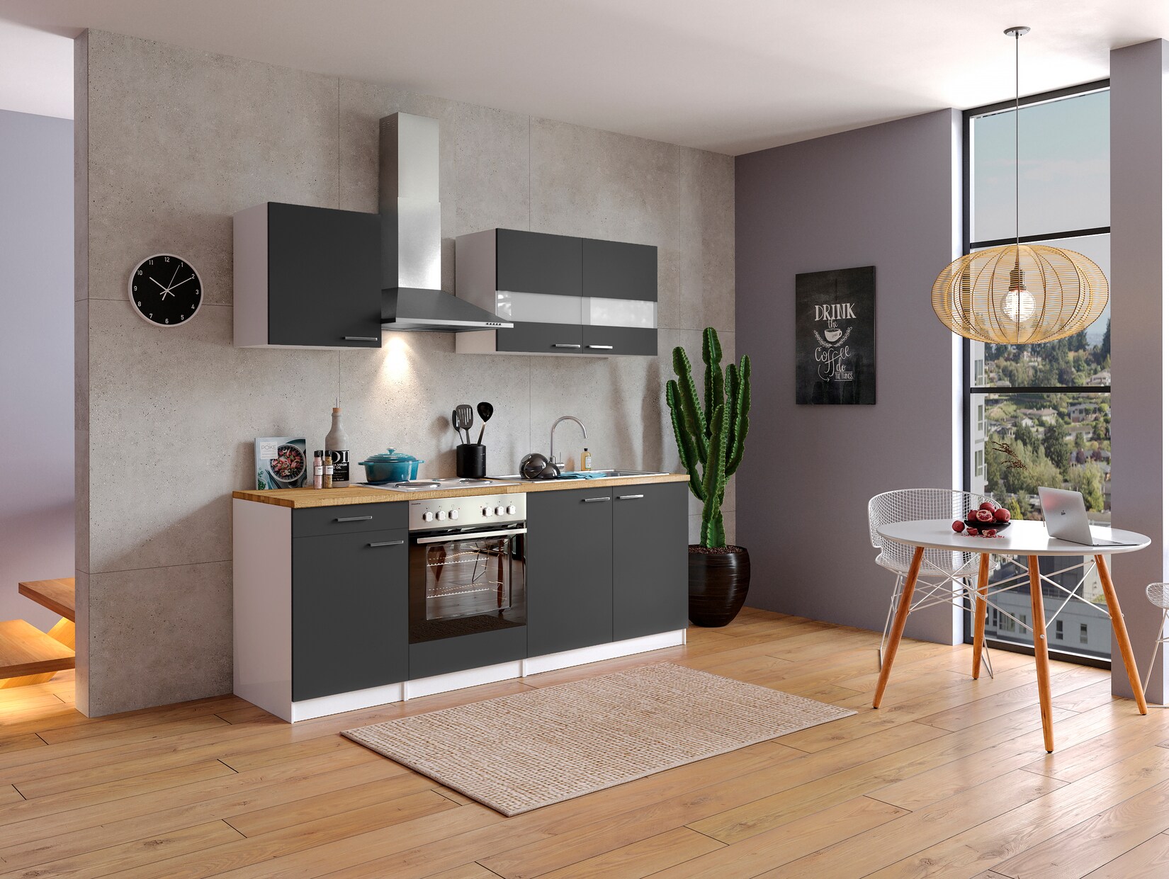 Respekta Küchenzeile KB210WG 210 cm Weiß – Grau | 04260515334632