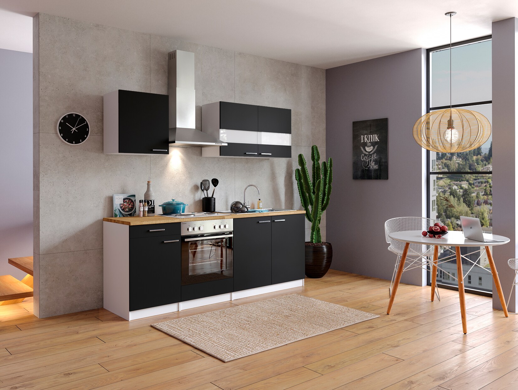 Respekta Küchenzeile KB210WS 210 cm Weiß – Schwarz | 04260515334670