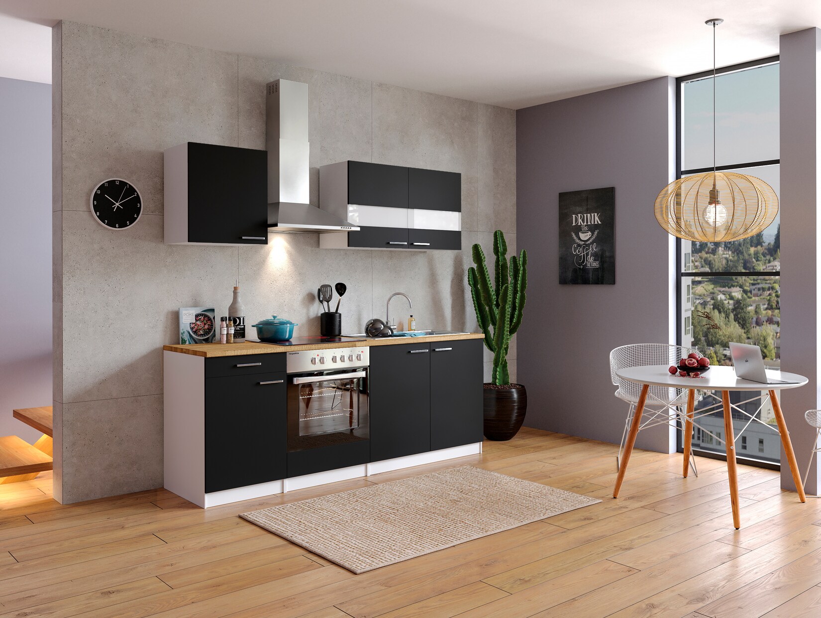 Respekta Küchenzeile KB210WSC 210 cm Weiß – Schwarz | 04260515334687