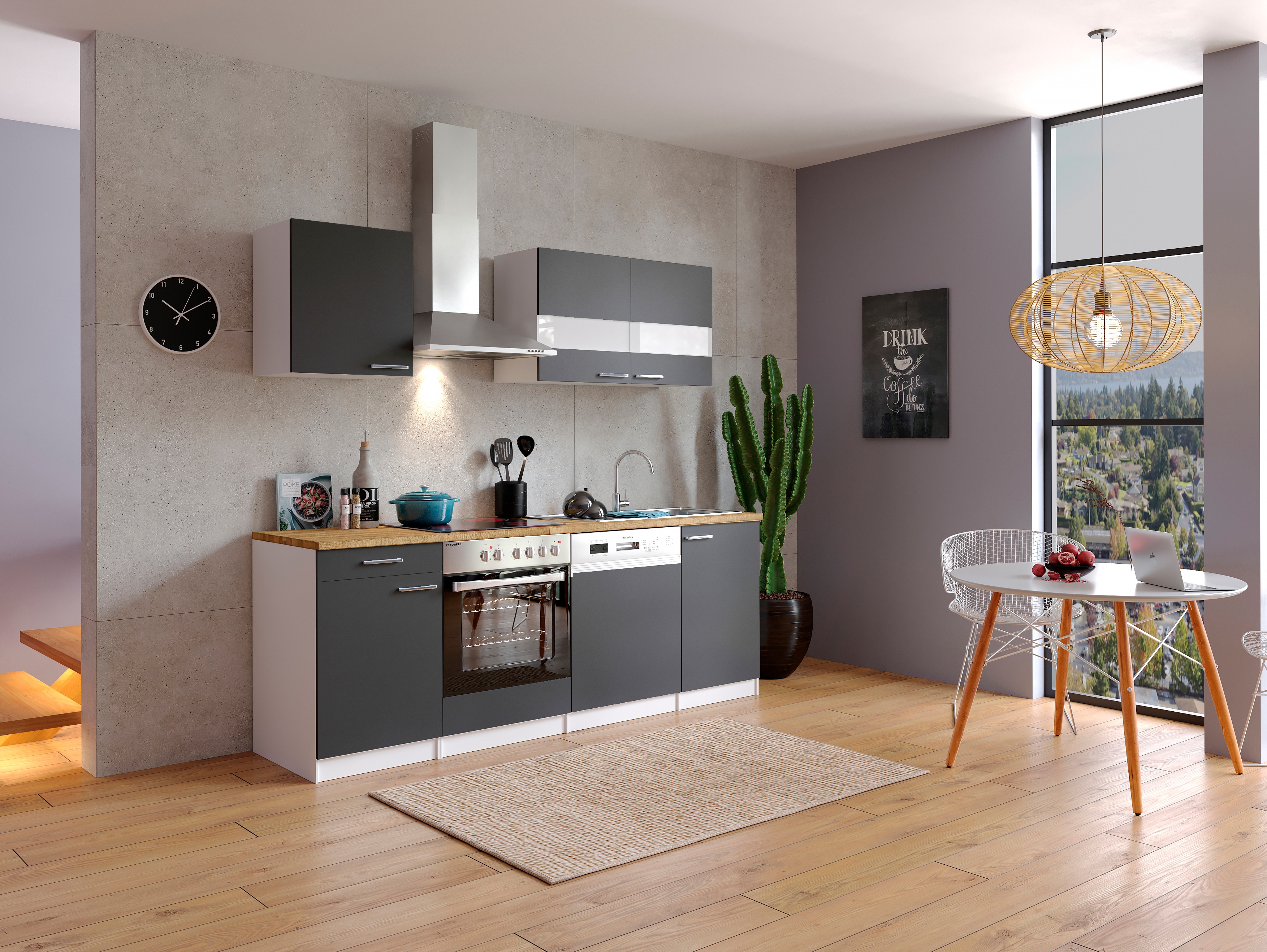 Respekta K&uuml;chenzeile KB220WGC 220 cm Wei&szlig; - Grau - Bild 1