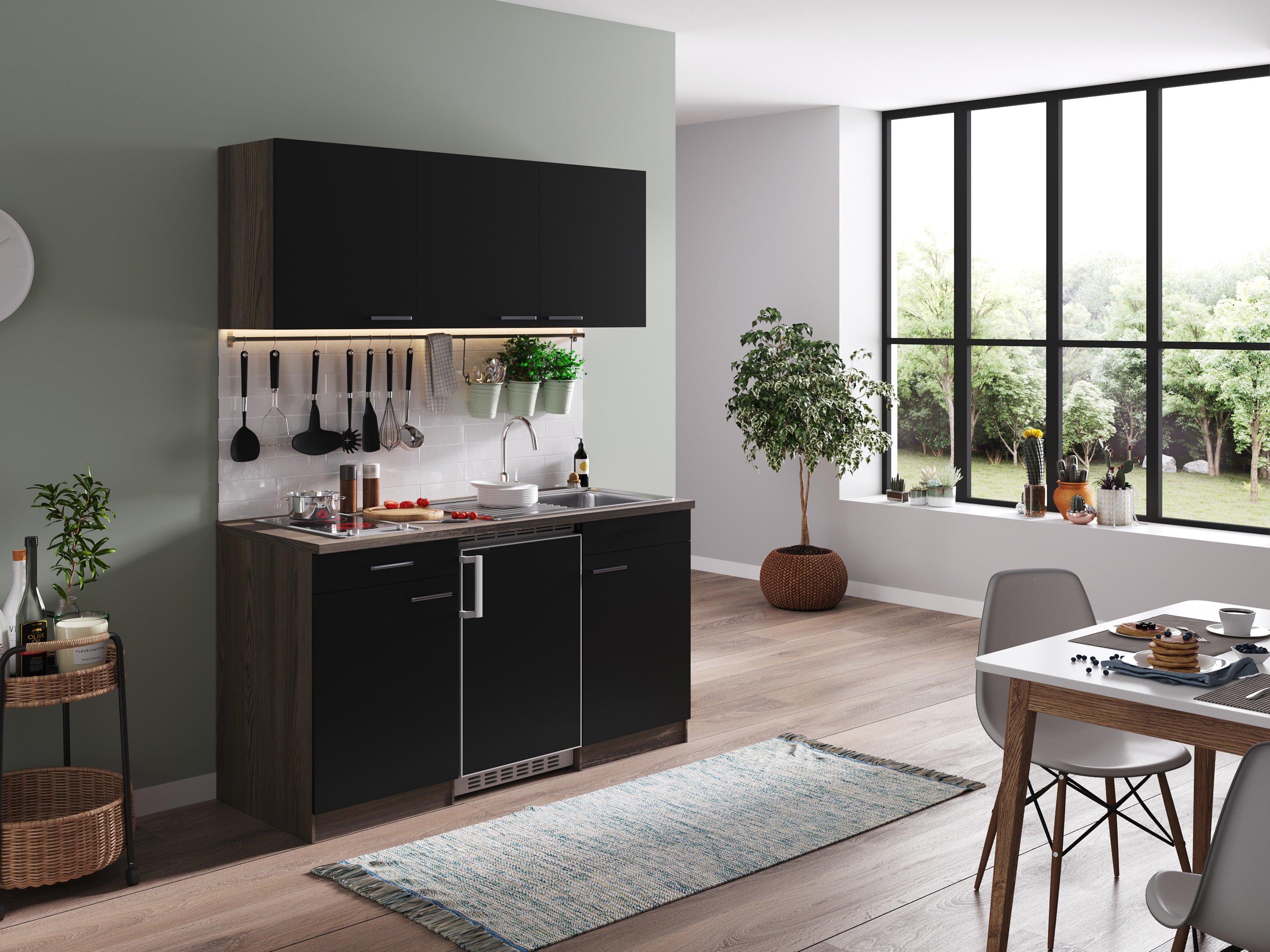 Respekta Küchenzeile KB150EYSC 150 cm Schwarz-Eiche York Nachbildung