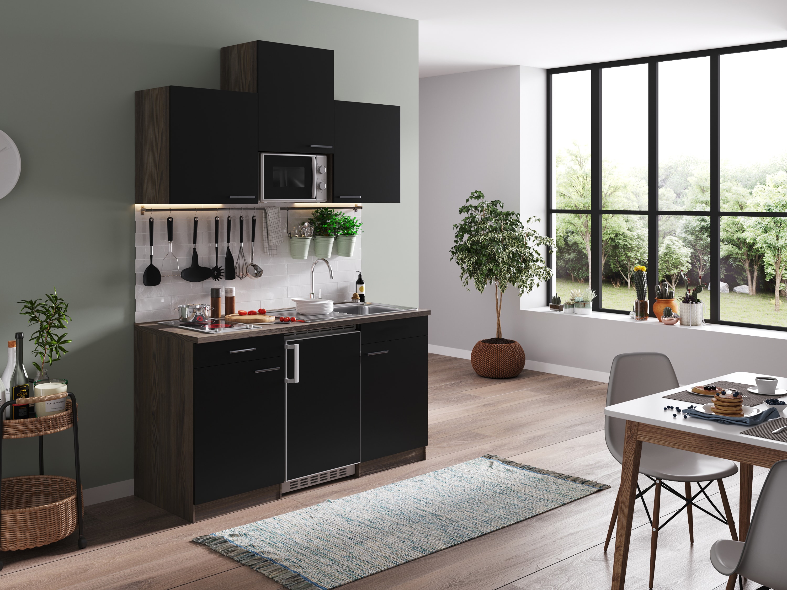 Respekta Küchenzeile KB150EYSMIC 150 cm Schwarz-Eiche York Nachbildung
