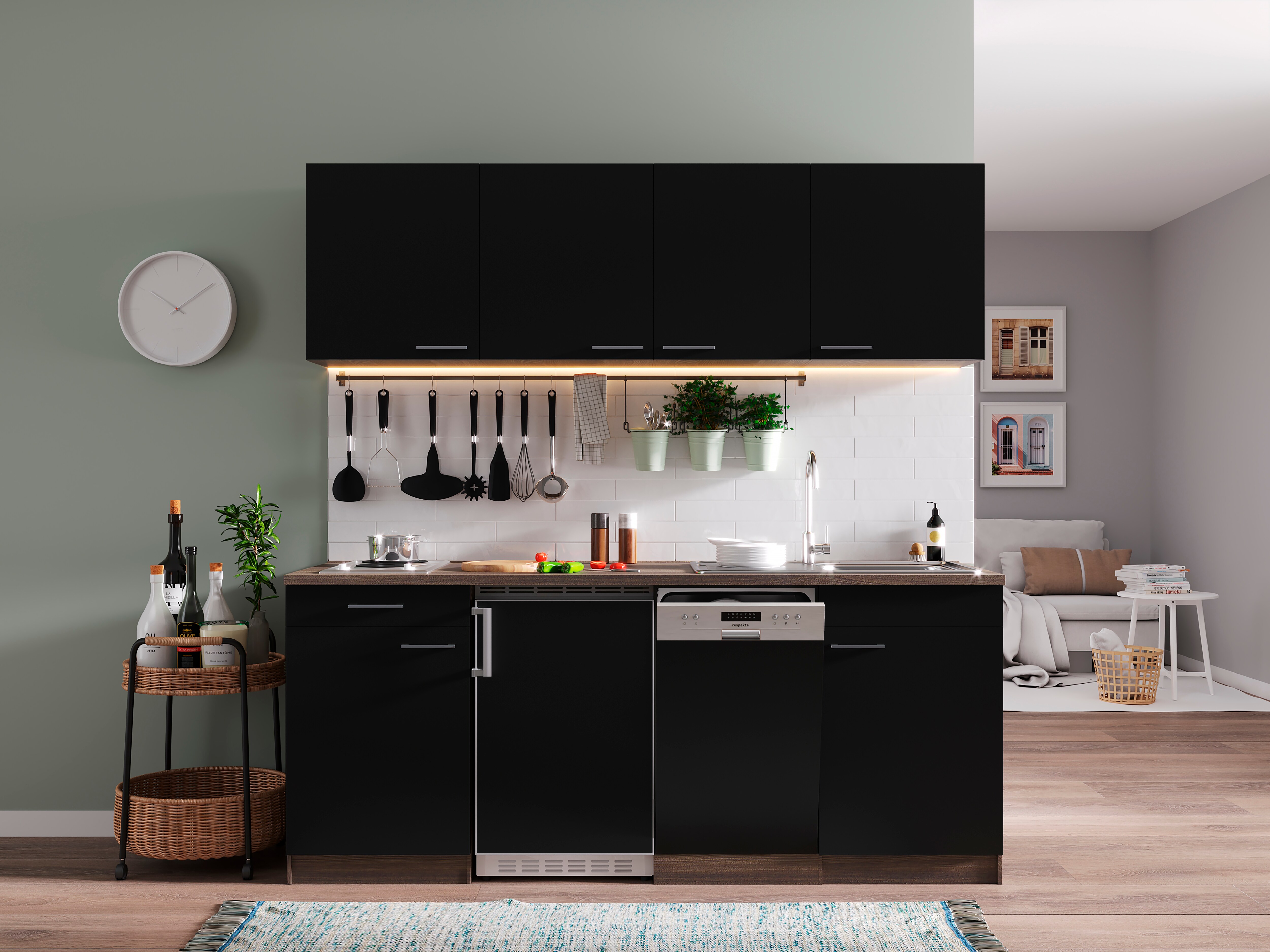 Respekta K&uuml;chenzeile KB195EYS 195 cm Schwarz-Eiche York Nachbildung - Bild 1