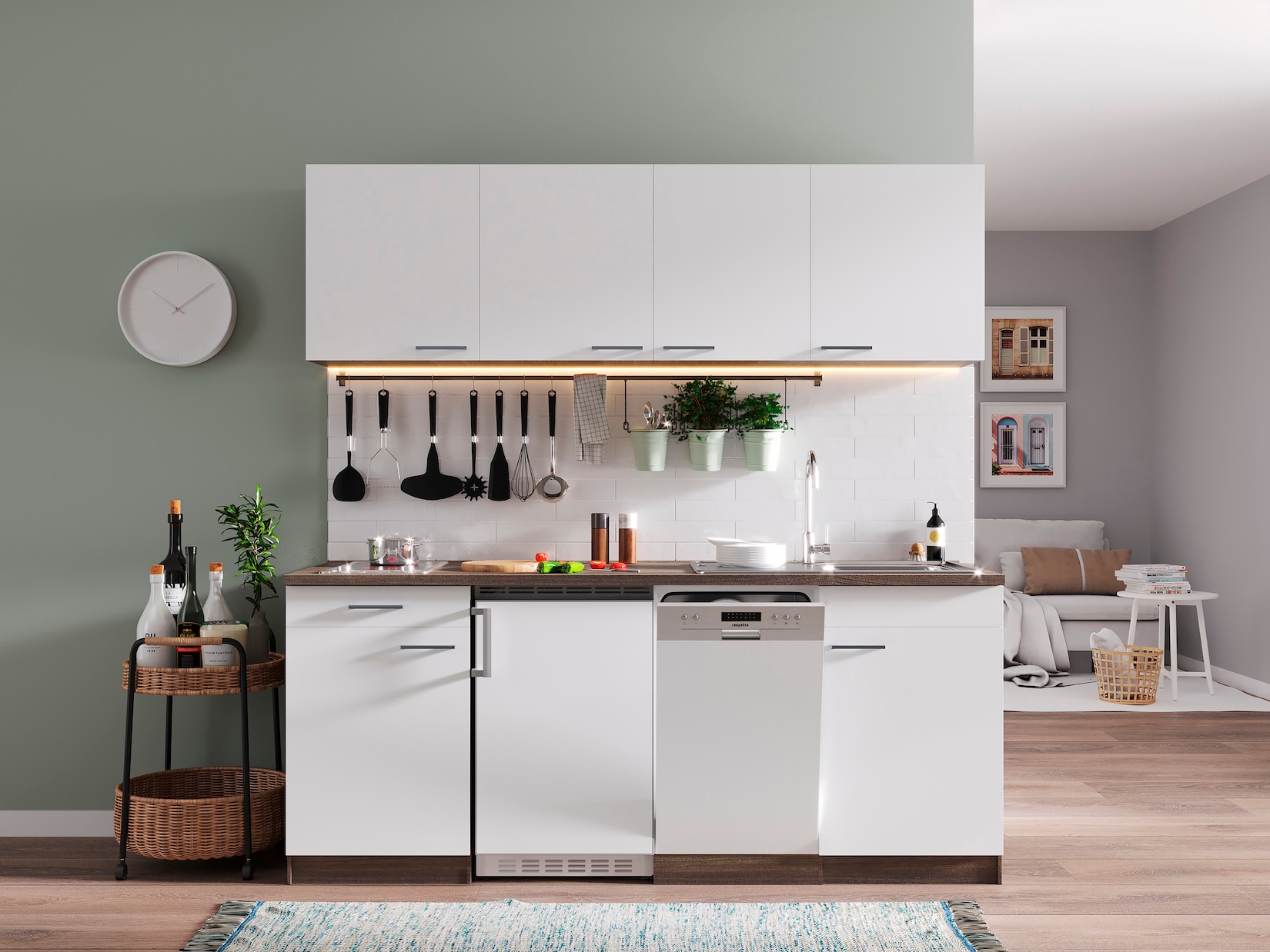 Respekta Küchenzeile KB195EYWC 195 cm Weiß-Eiche York Nachbildung