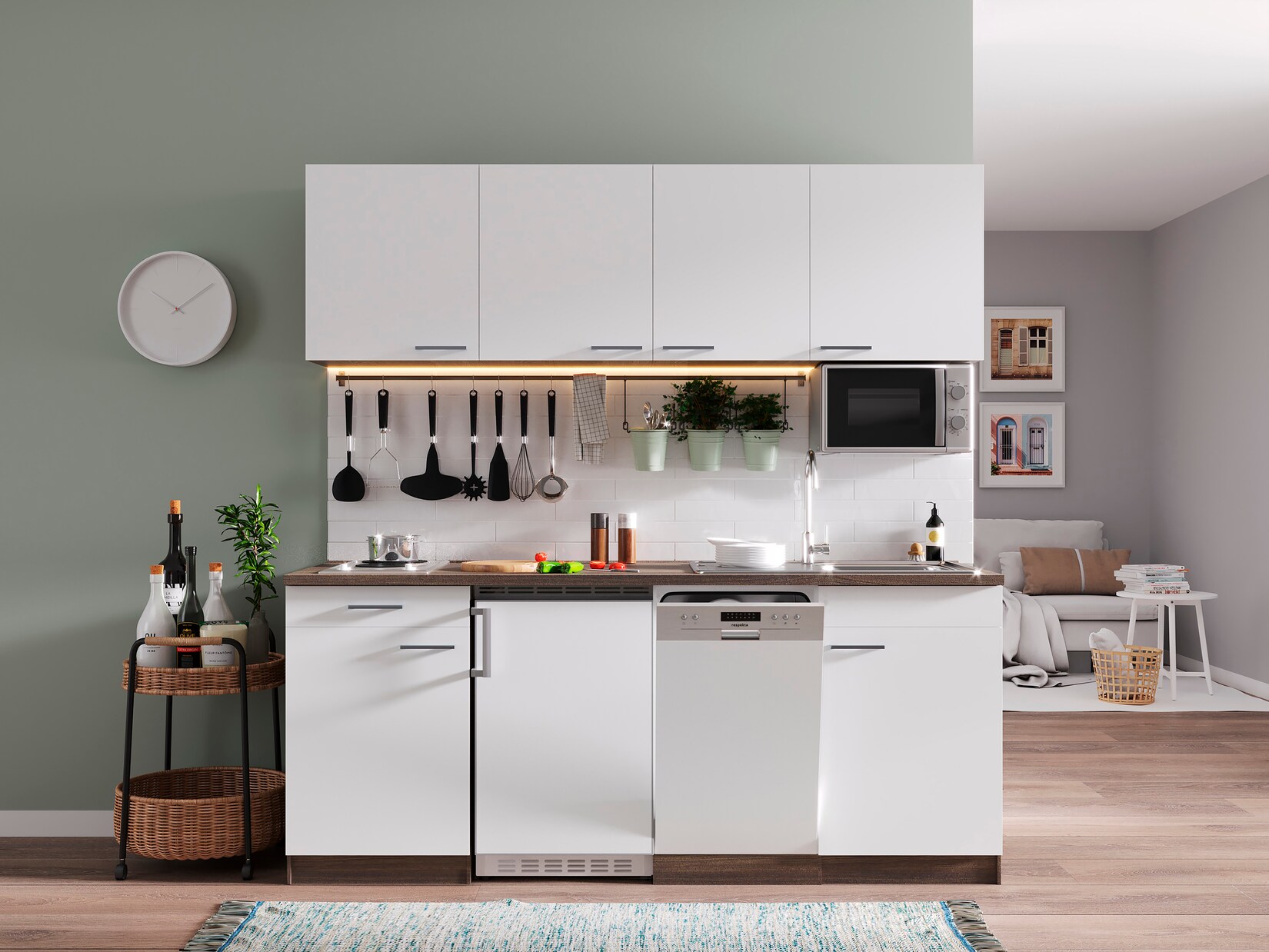 Respekta Küchenzeile KB195EYWMI 195 cm Weiß-Eiche York Nachbildung | 04260344978175