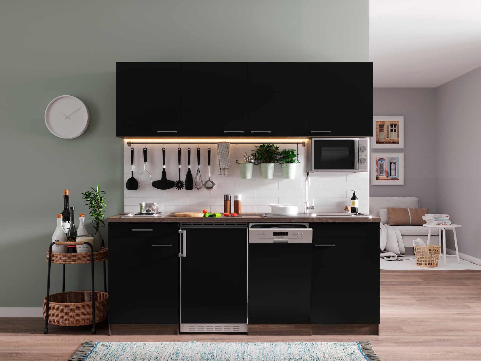 Respekta Küchenzeile KB195EYSMI 195 cm Schwarz-Eiche York Nachbildung