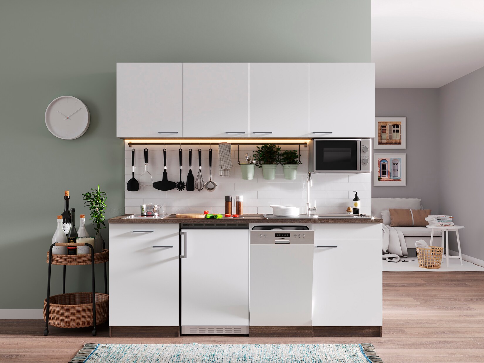 Respekta Küchenzeile KB195EYWMIC 195 cm Weiß-Eiche York Nachbildung | 04260344978182