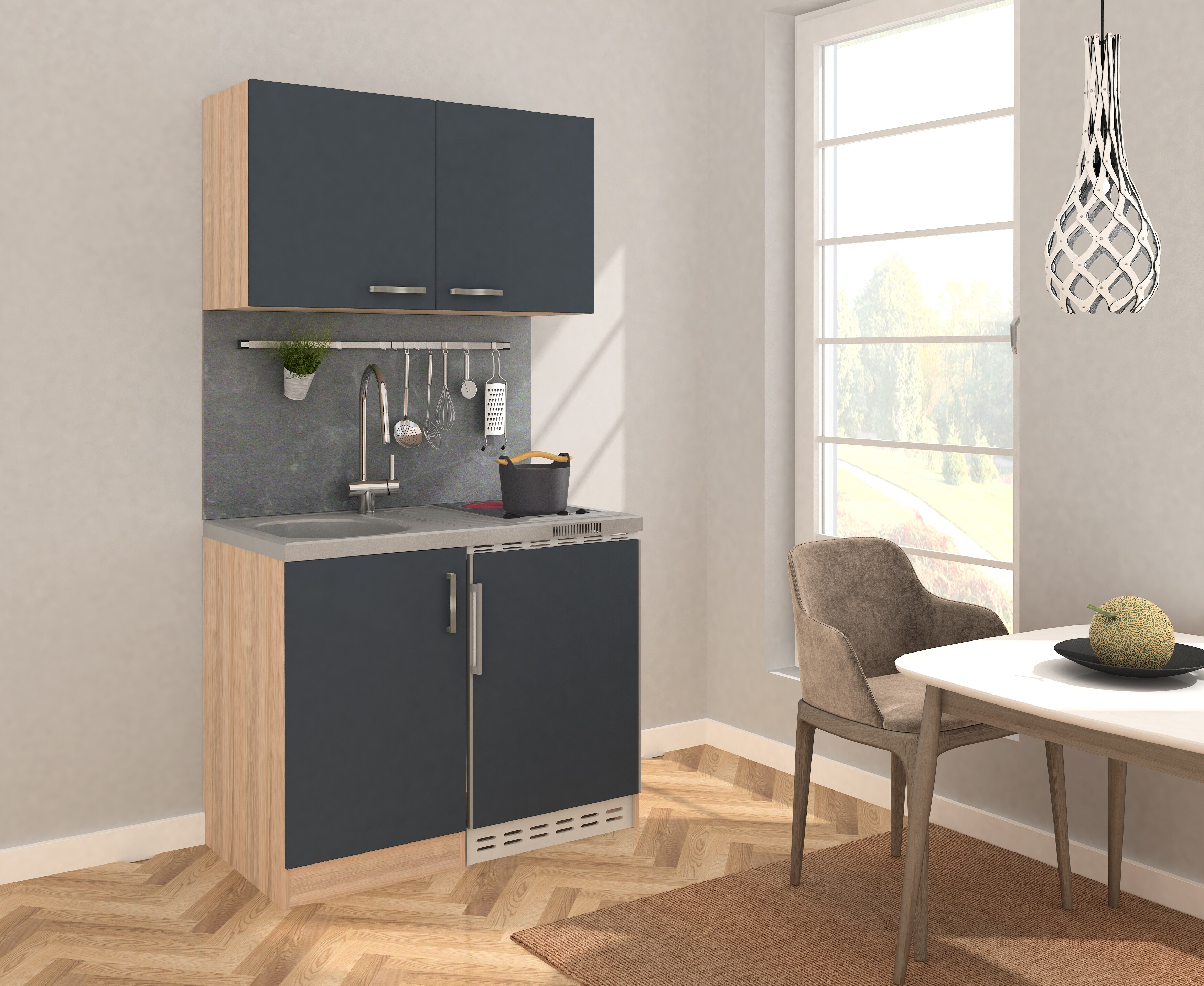 Respekta Minik&uuml;che MK100ESGOSC 100 cm grau - Glaskeramikkochfeld - Bild 1