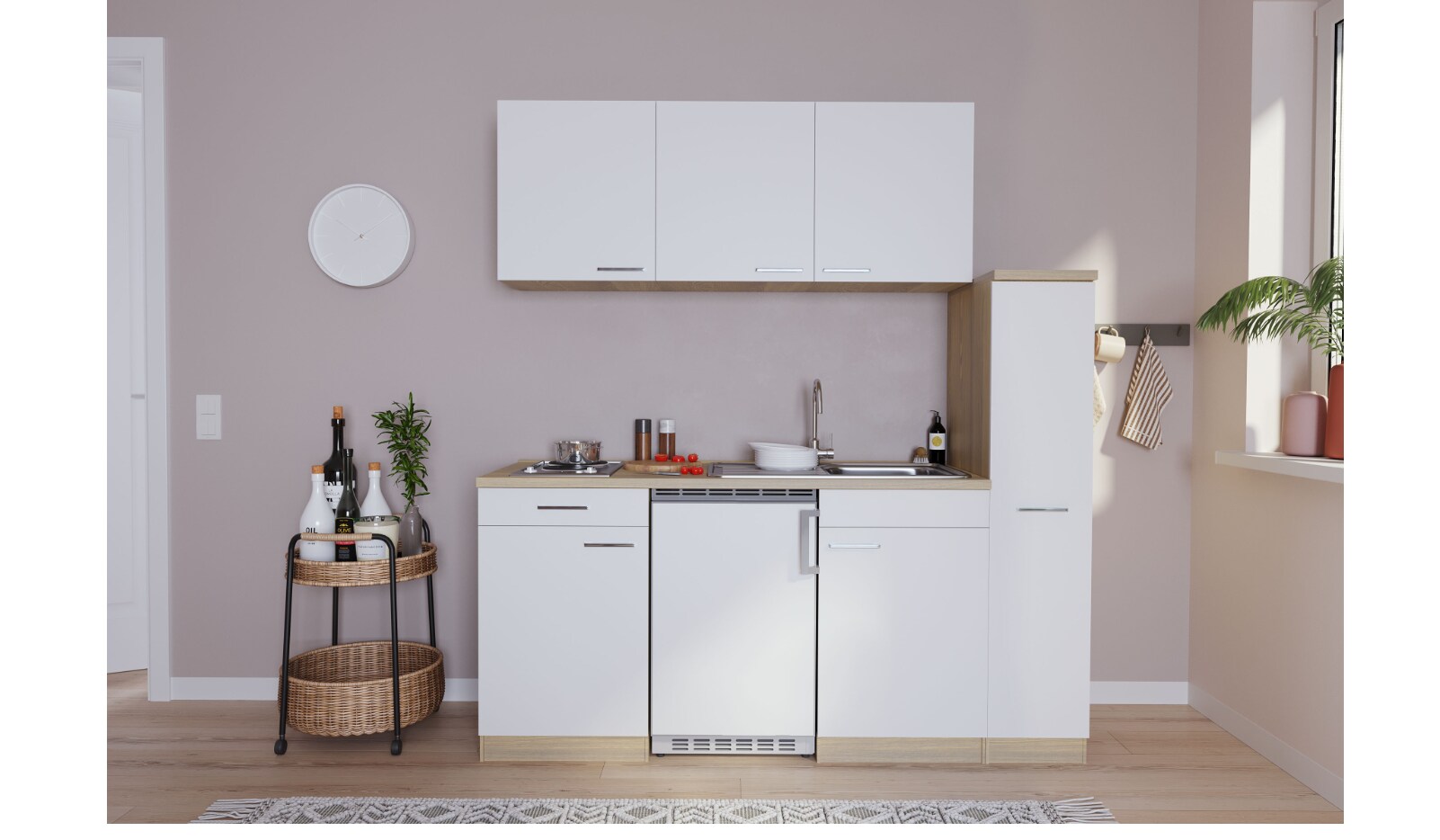 Respekta K&uuml;chenzeile KB180ESW 180 cm Wei&szlig;-Eiche S&auml;gerau Nachbildung - Bild 1