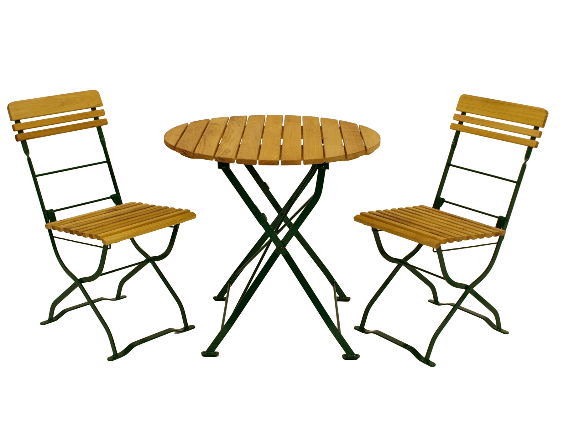 Biergarten - Garnitur M&Uuml;NCHEN 3-teilig (2x Stuhl, 1x Tisch 77cm rund), Flachstahl gr&uuml;n + Robinie - Bild 1