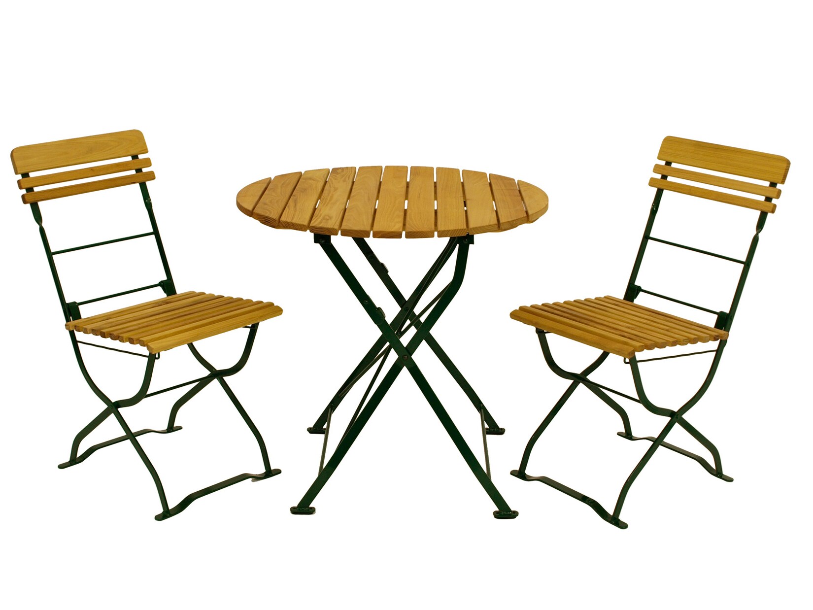 Biergarten - Garnitur MÜNCHEN 3-teilig (2x Stuhl, 1x Tisch 77cm rund), Flachstahl grün + Robinie