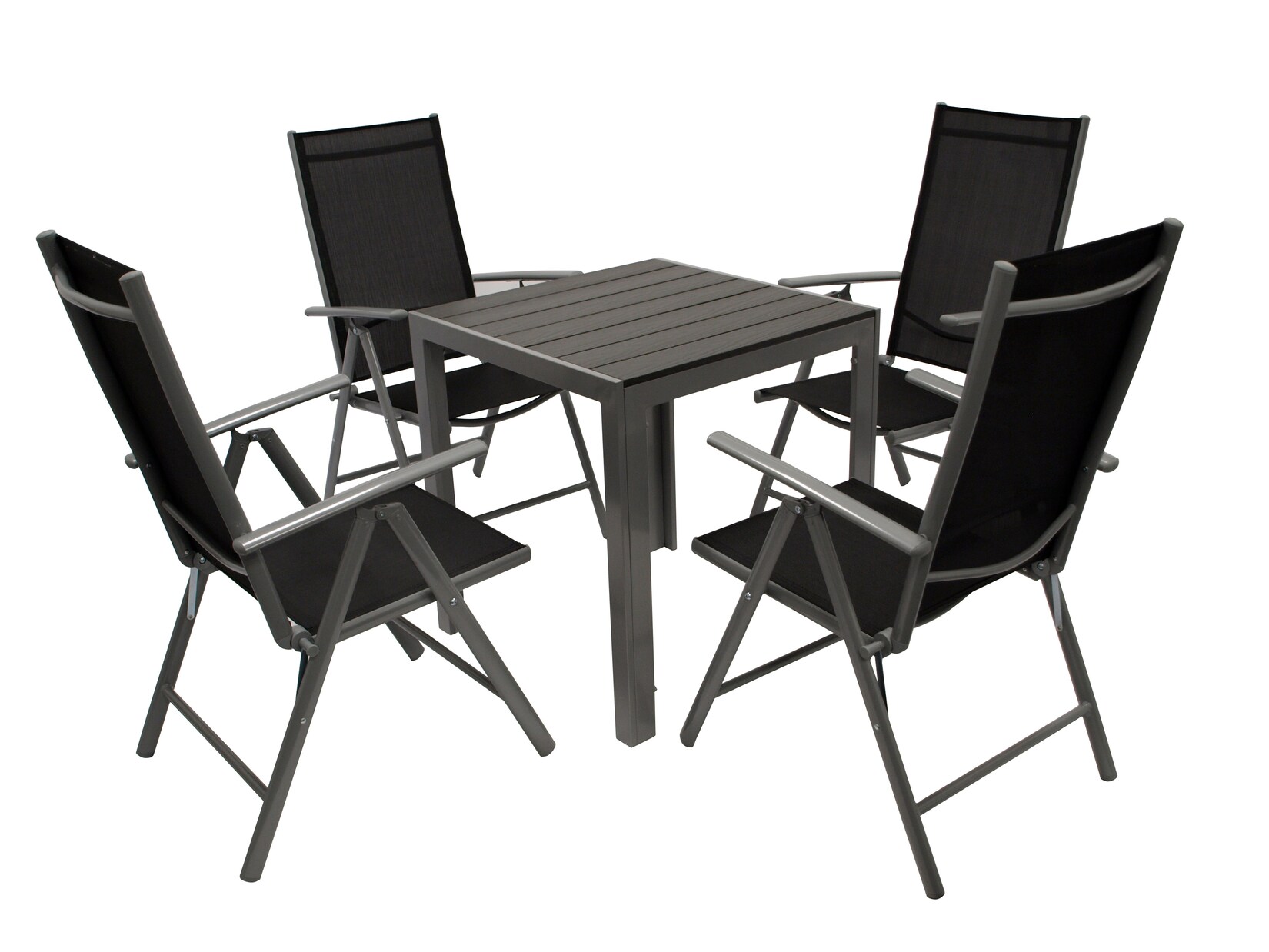 Garnitur SORANO 5-teilig mit Tisch 70x70cm, Aluminium + Kunstholz + Kunstgewebe schwarz