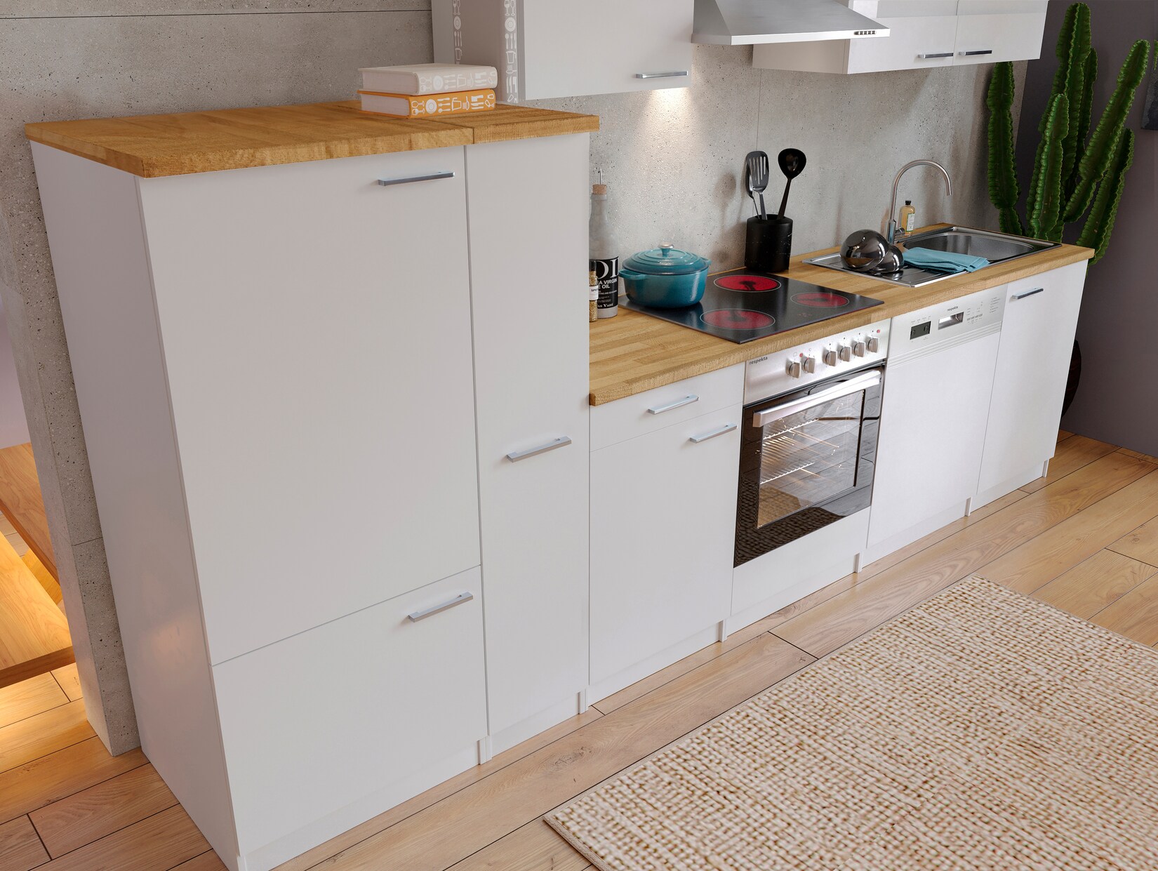 Respekta Küchenzeile KB310WWC 310 cm Weiß mit Glaskeramikkochfeld | 04260515335776