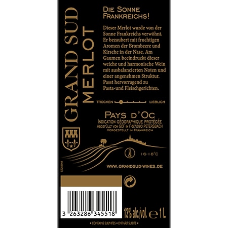 Genieße den Grand Sud Merlot Vin de Pays d'Oc ➡️ Jetzt online kaufen!