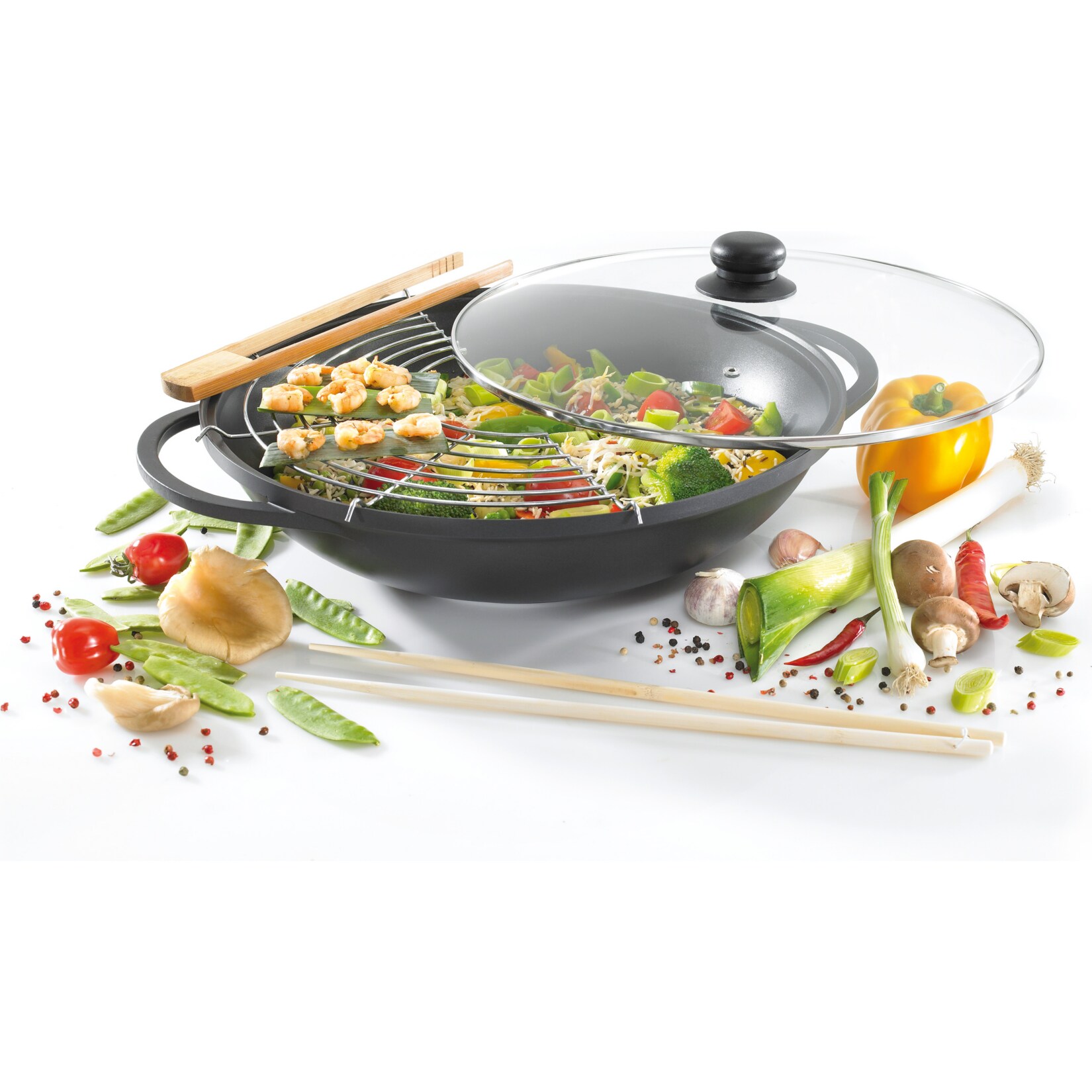 Wok mit Zubehör und Glasdeckel | 04006776050115