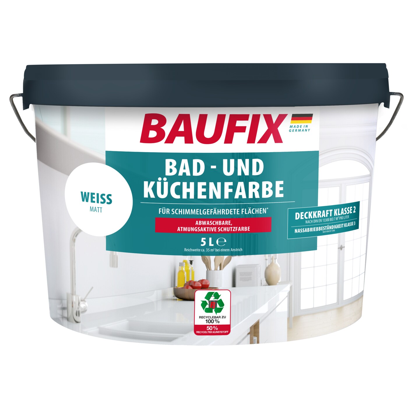 BAUFIX Bad- und K&uuml;chenfarbe weiss matt, 5 Liter - Bild 1