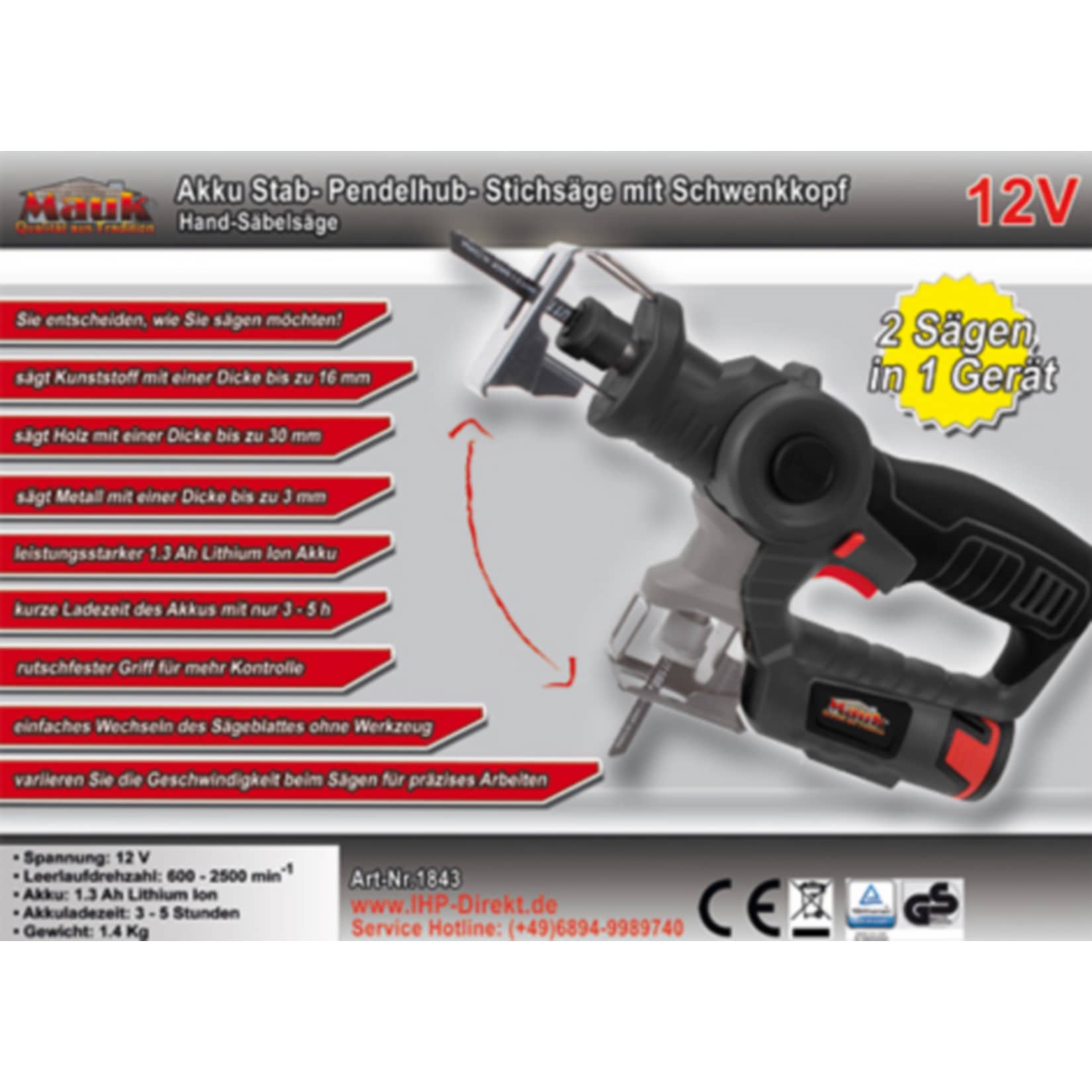 MAUK Akku Stab- Pendelhub- Stichs&auml;ge mit Schwenkkopf 12V Li-ion (ASSK12V) - Bild 1