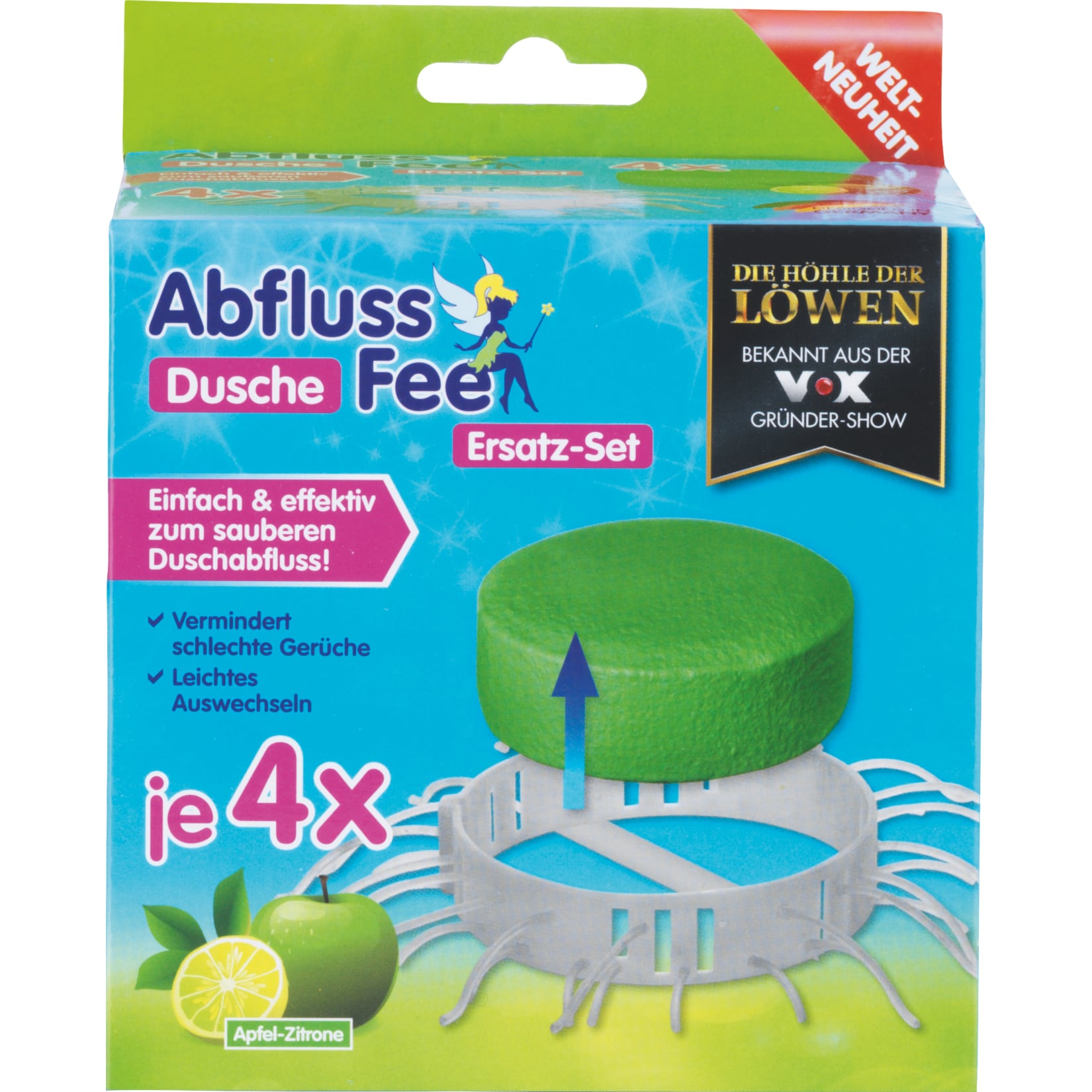 Abfluss-Fee Dusche Duftstein Set 8-tlg. gr&uuml;n Apfel-Zitrone (4 x Duftstein je 50 g + 4 x Haarf&auml;nger) - Bild 1