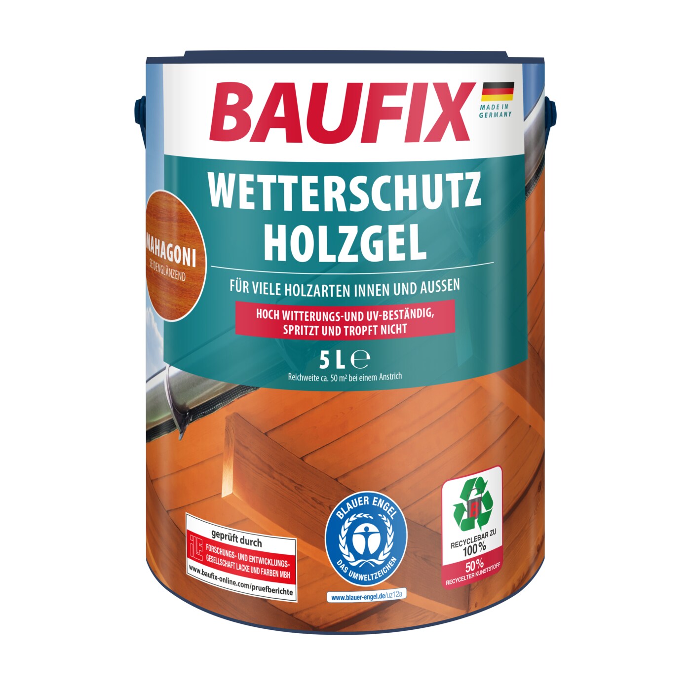BAUFIX Wetterschutz-Holzgel mahagoni seidenglänzend, 5 Liter, Holzlasur | 04014505036859
