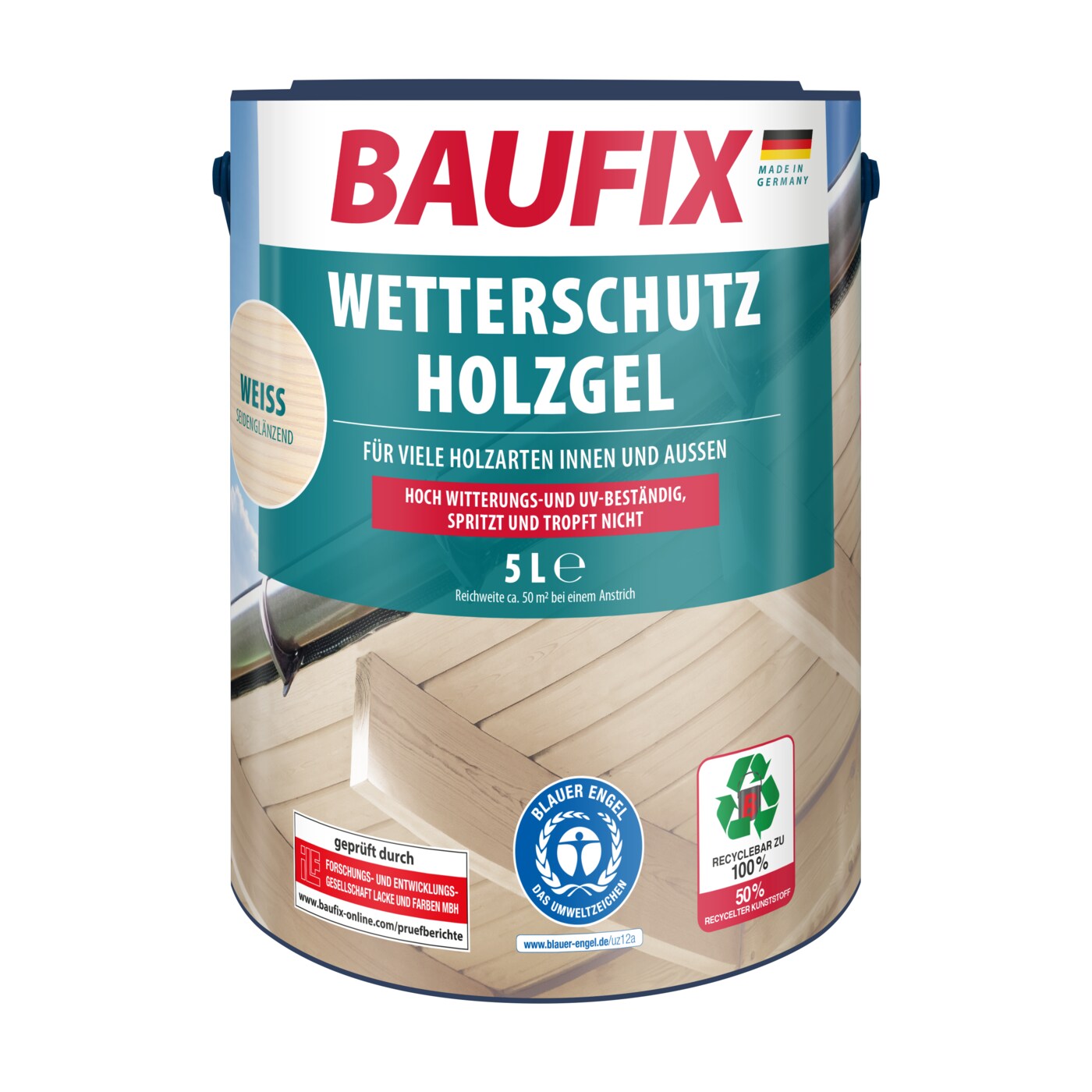 BAUFIX Wetterschutz-Holzgel weiss seidenglänzend, 5 Liter, Holzlasur | 04014505046223