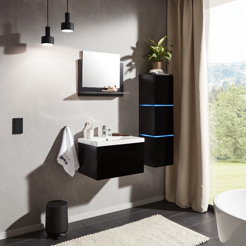 HOME DELUXE Wangerooge Badm&ouml;bel-Set schwarz, ca. 91 cm breit mit Seitenschrank und Spiegel (Gr. L) - Bild 1