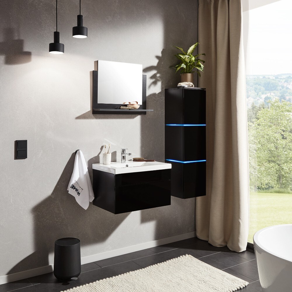 HOME DELUXE Wangerooge Badmöbel-Set schwarz, ca. 91 cm breit mit Seitenschrank und Spiegel (Gr. L) | 04058166032836