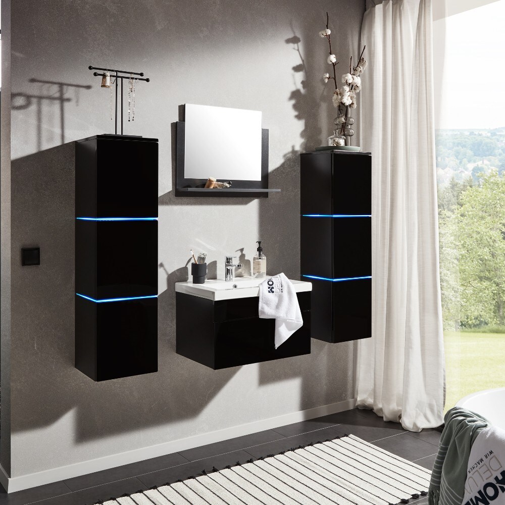 HOME DELUXE Wangerooge Badmöbel-Set schwarz, ca. 121 cm breit mit Seitenschrank und Spiegel (Gr. XL) | 04058166032843