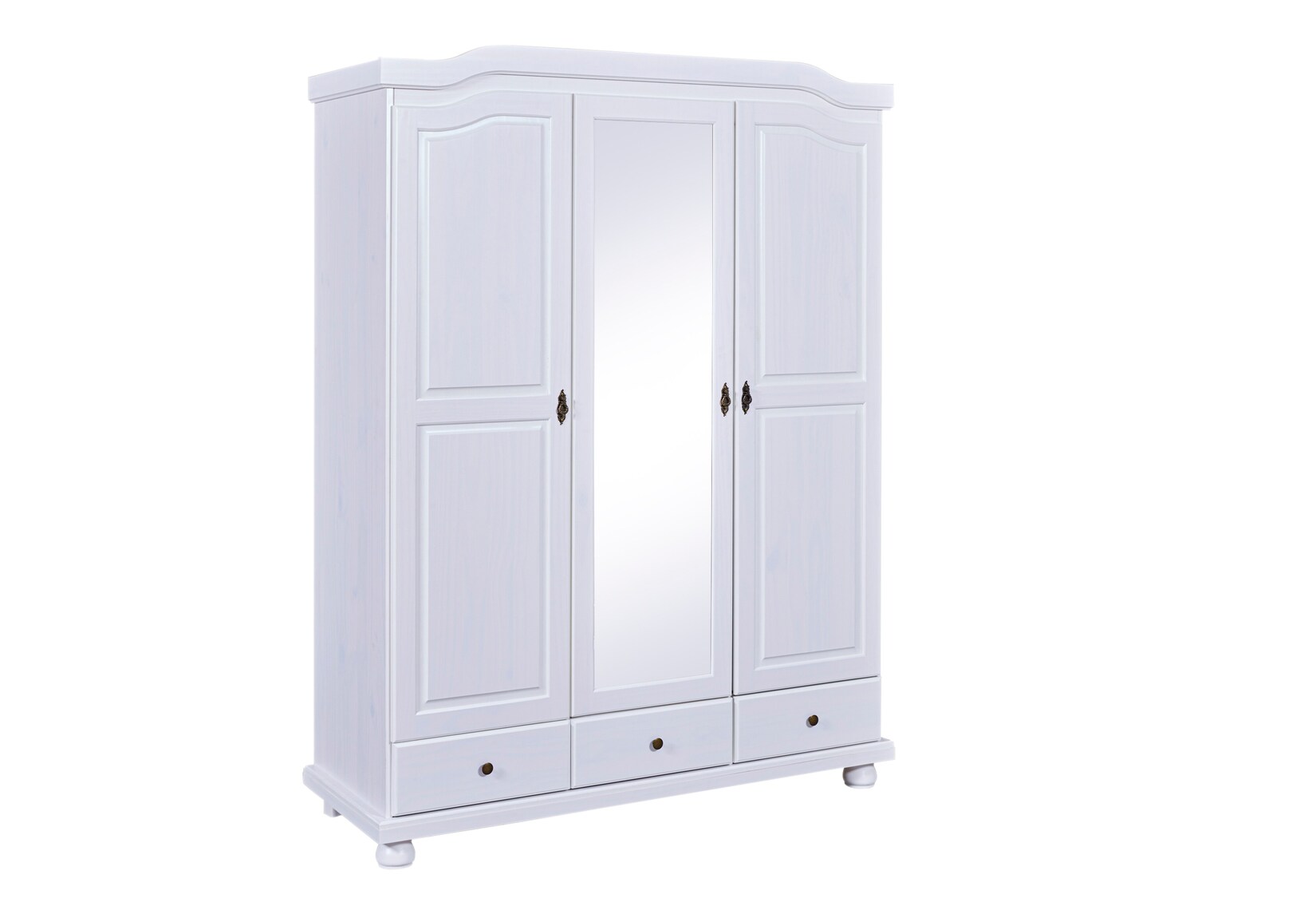 Inter Link Bauernschrank mit Spiegel Reutte 3 Türen und Schubladen Kiefer Massivholz weiss lackiert | 04010340091268