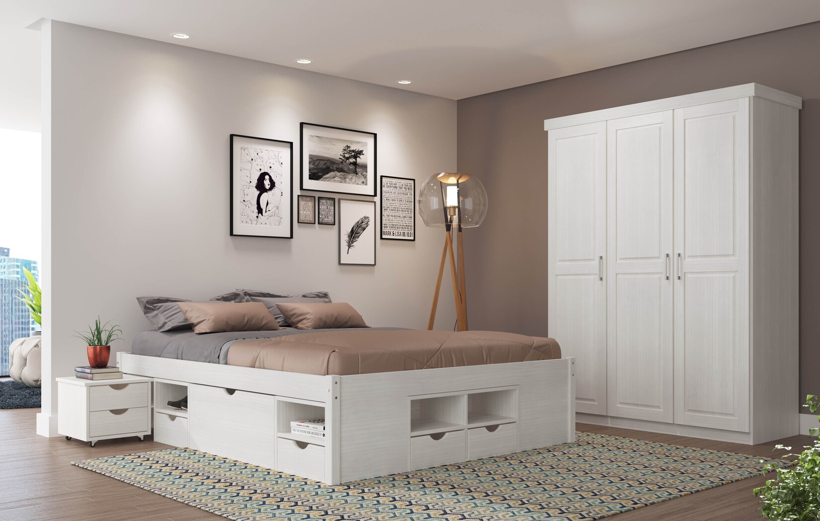 Inter Link Bett mit Stauraum Till inkl. Nachtkommode und Lattenrost 160×200 – Weiß | 04010340201759