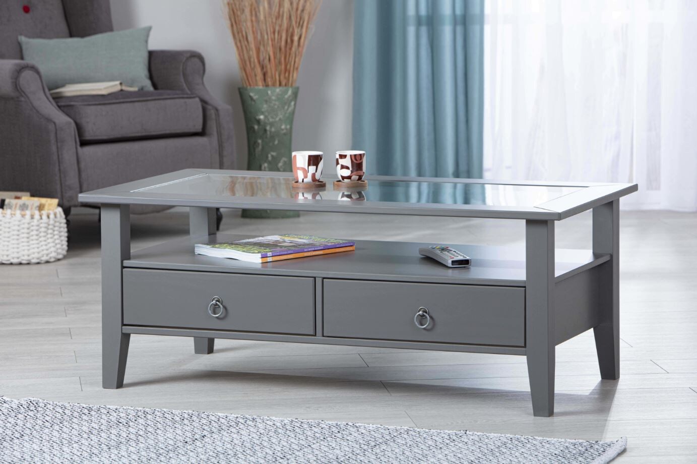 Inter Link Couchtisch Provence mit 2 Schubladen aus Kiefer Massivholz – Grau | 04010340865159