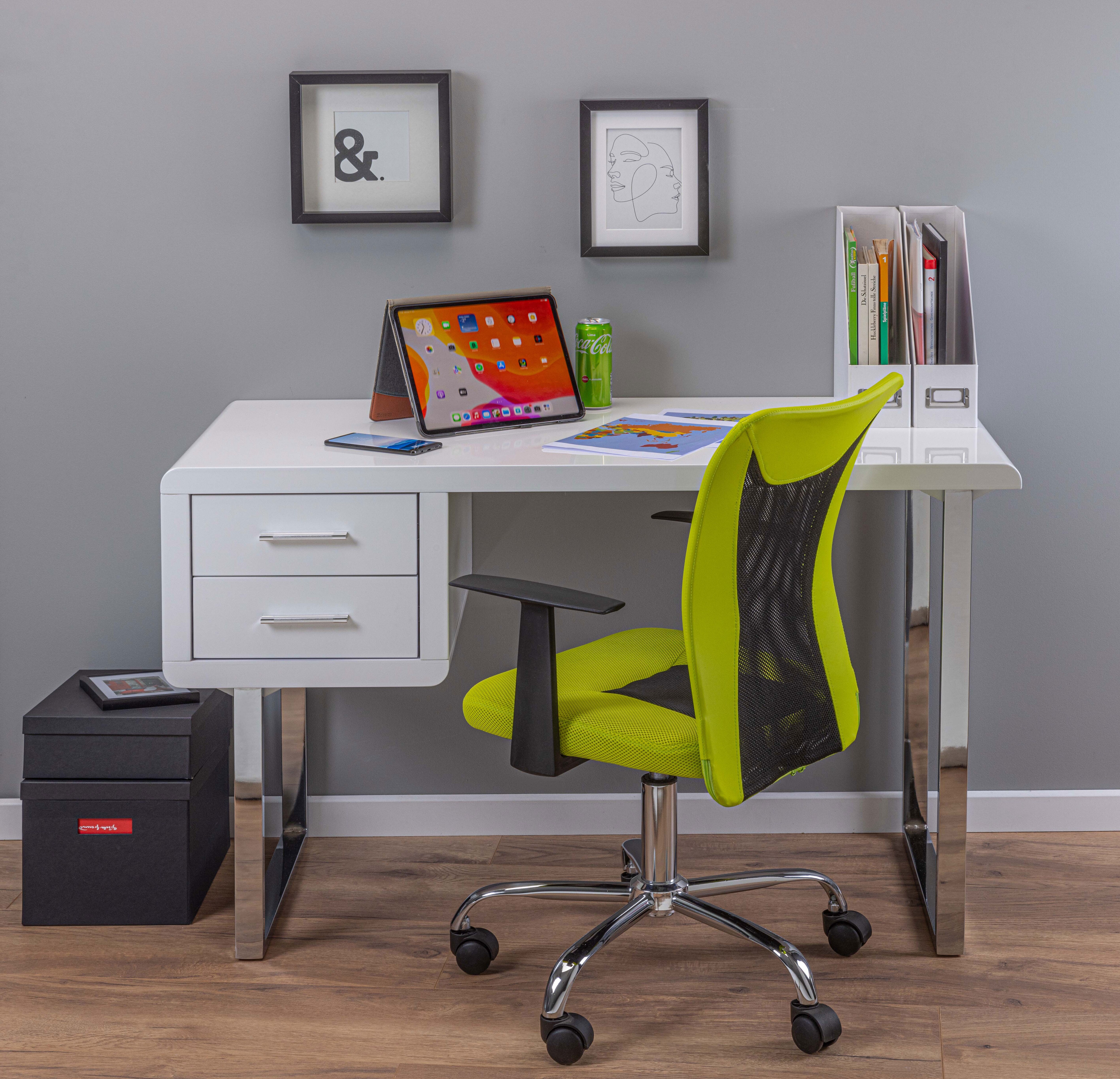 Inter Link Schreibtisch Claude - Weiß Hochglanz, 120x55x76cm, Mit 2 Schubladen & Metallgestell, MDF, Moderner Homeoffice Tisch