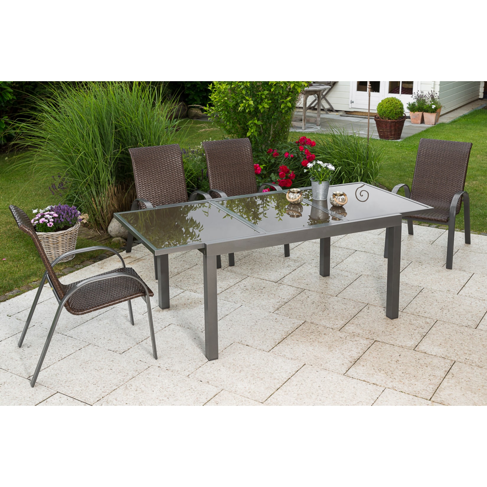 Merxx Sitzgruppe Varese 5tlg., Ausziehtisch 120 (180) x 90 cm mit 4 Stapelsesseln - Bild 1