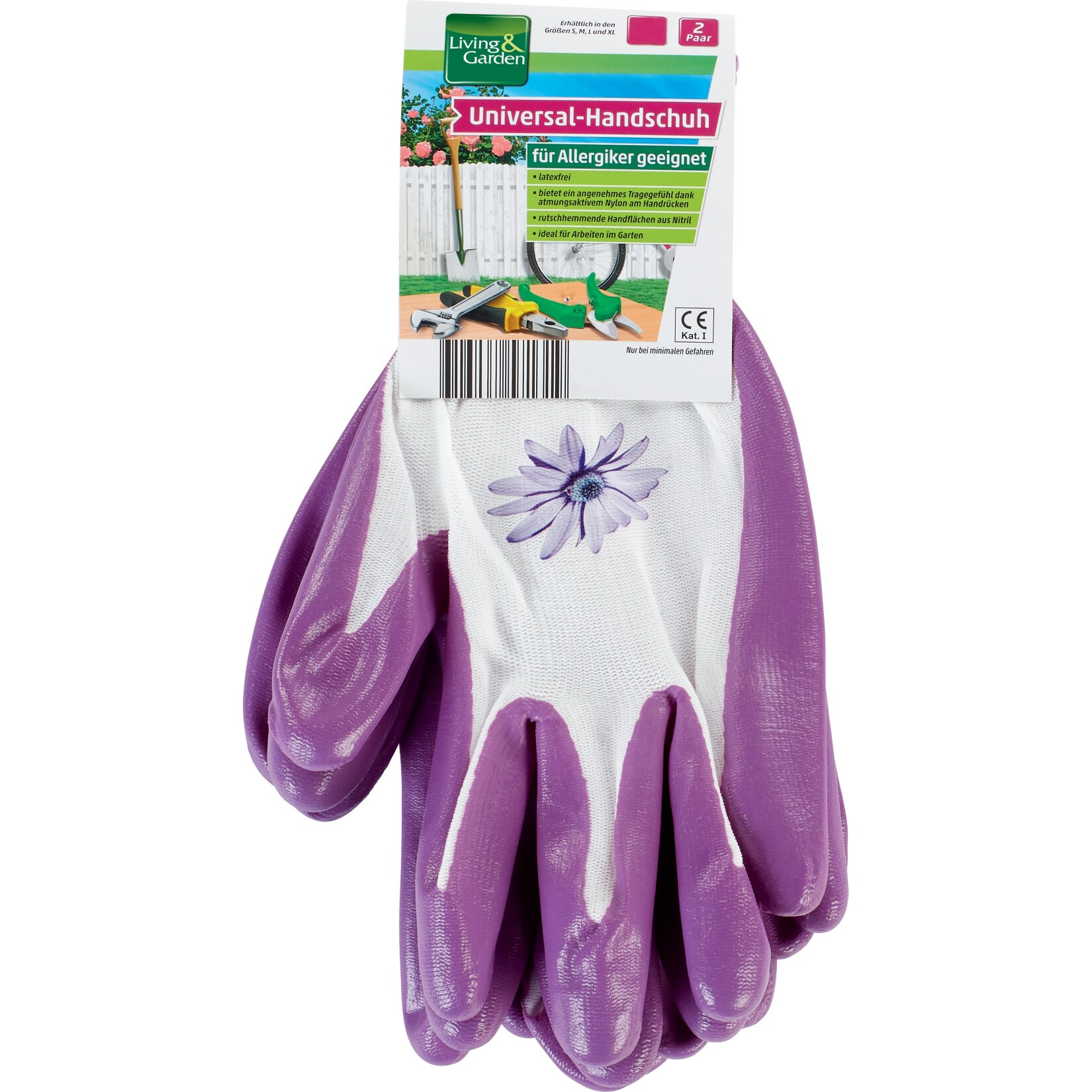 Living & Garden Universal-Handschuh, 2er Paar - Gr&ouml;&szlig;e M, wei&szlig;/lila mit Blume - Bild 1