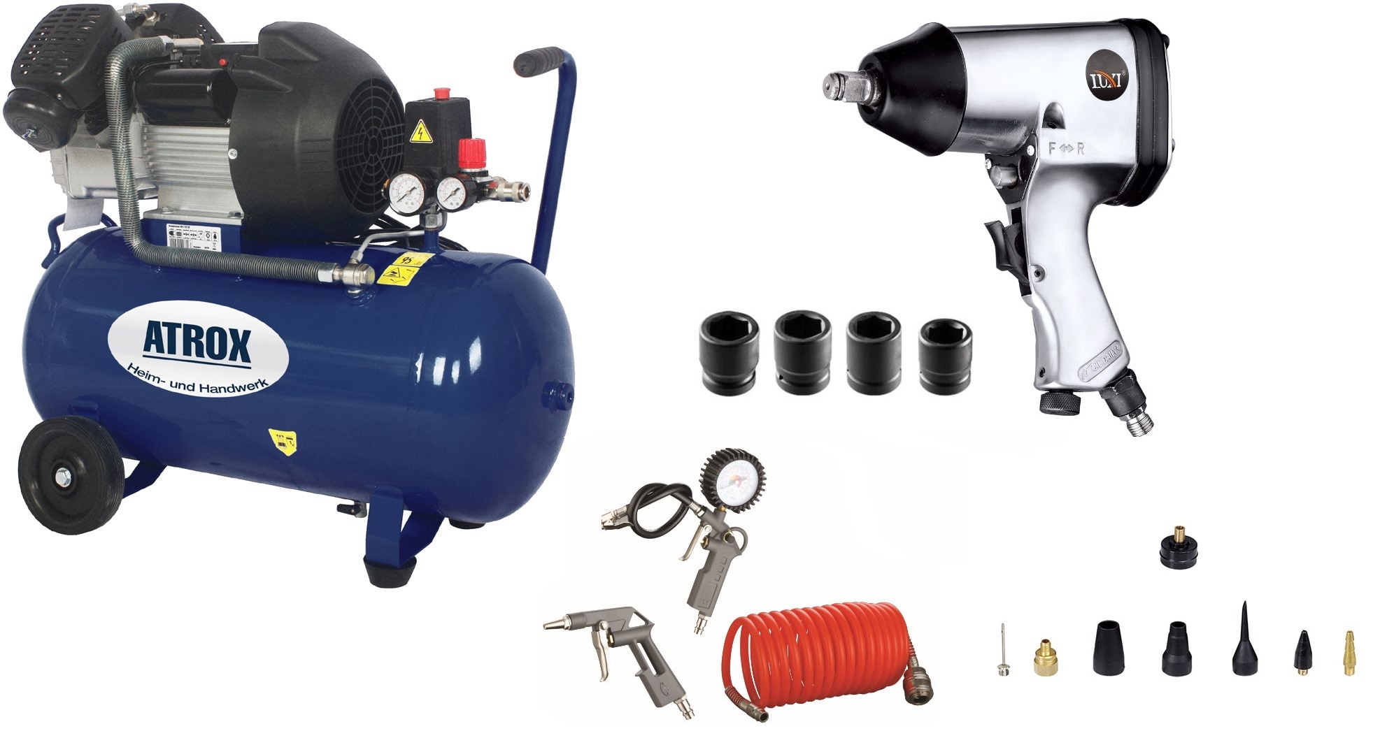 Atrox AY676 Doppelzylinder-Kompressor-Set inkl. Schlagschrauber und Zubeh&ouml;r - Bild 1