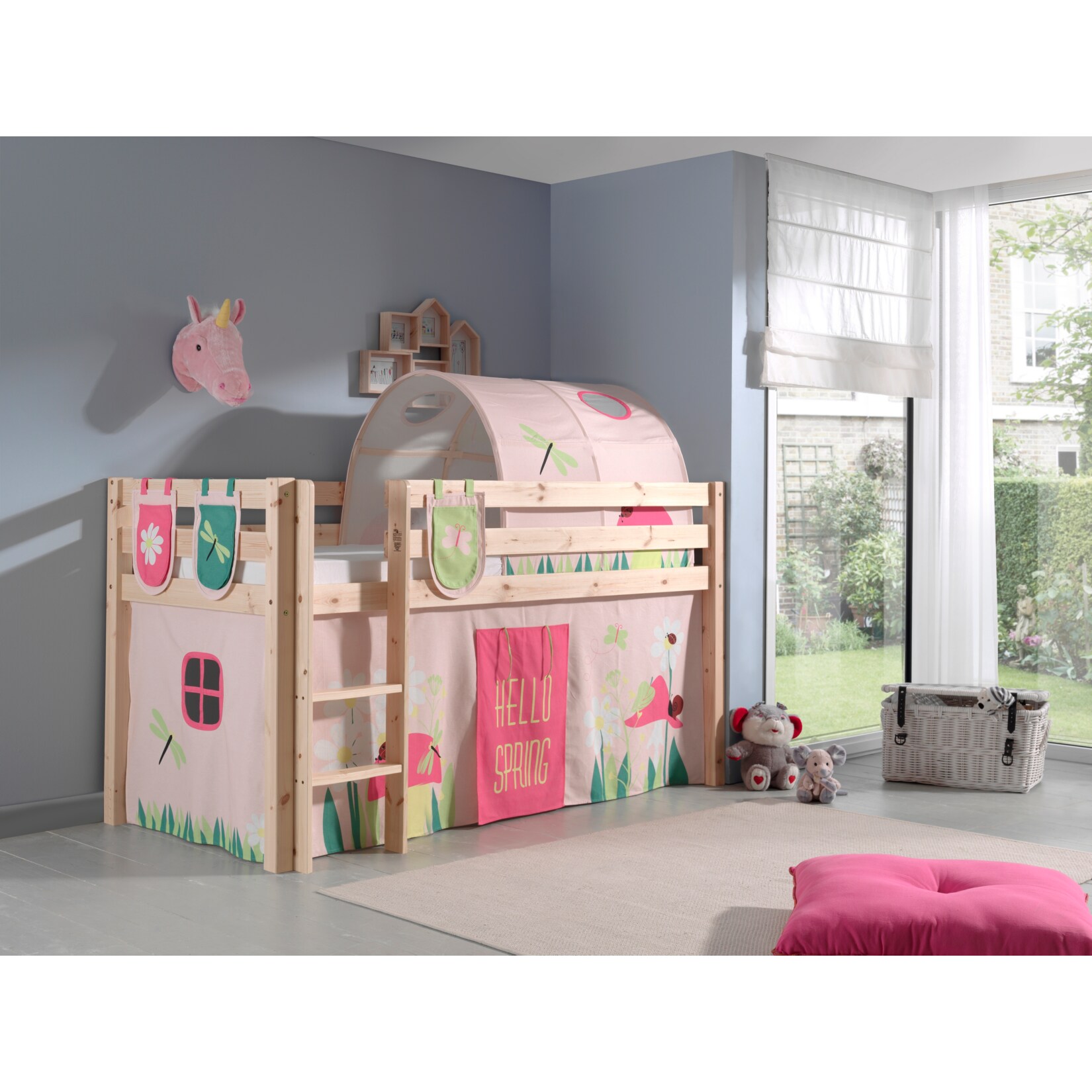 Vipack Spielbett Pino, Kiefer massiv natur mit Vorhang, Tunnel und 3 Taschen – Dessin Spring | 05420070227742